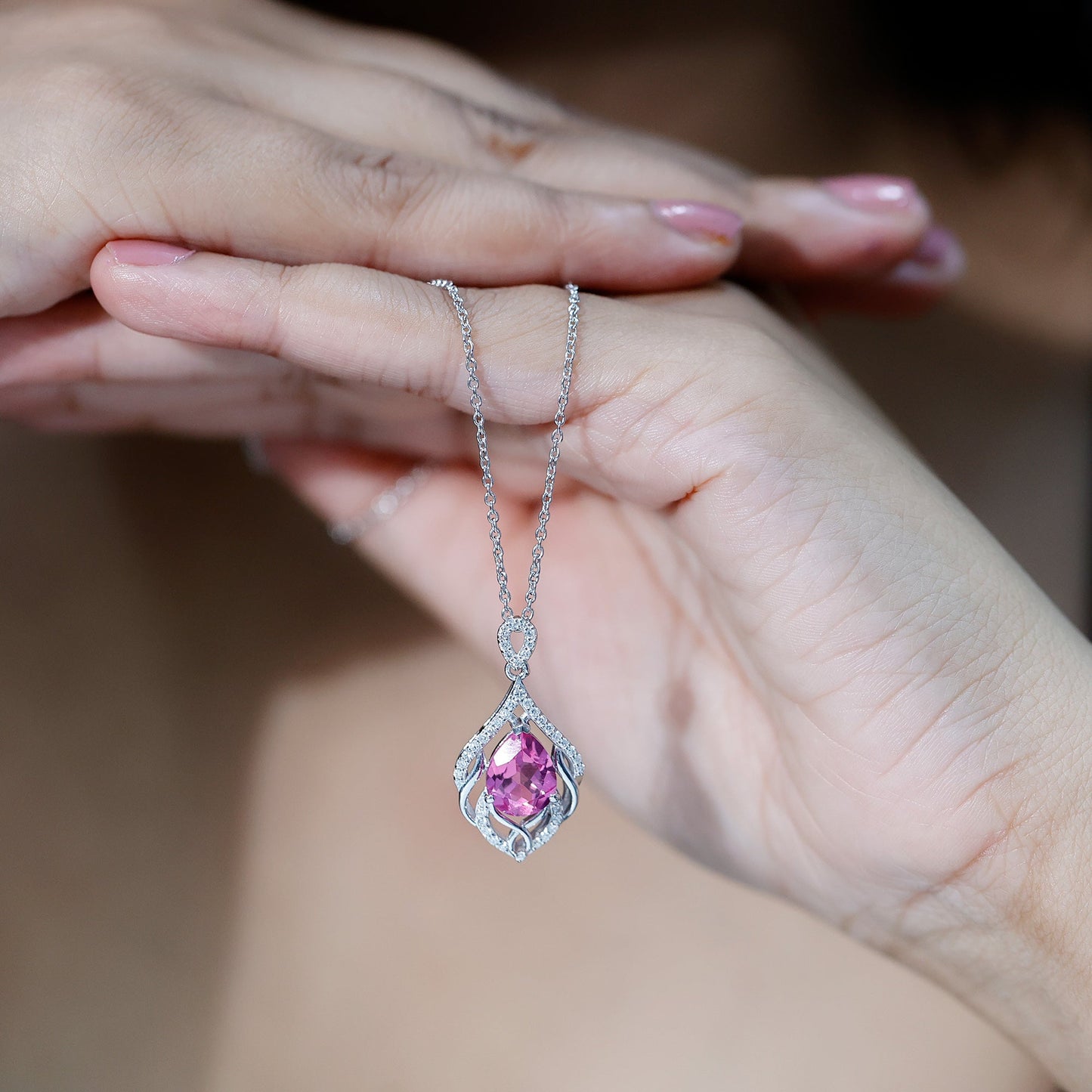 3.3 Carat Lab Grown Pink Sapphire Designer Necklace with Diamond