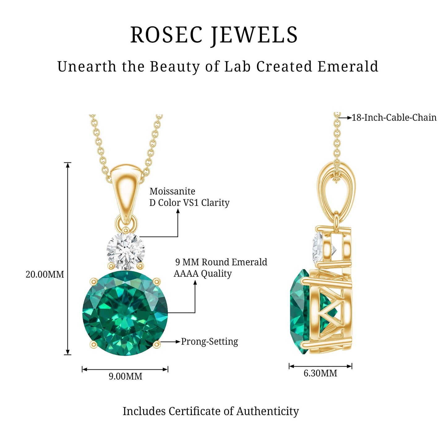 Certified 2.75 Carat Lab Created Emerald Solitaire Necklace with Silver Chain