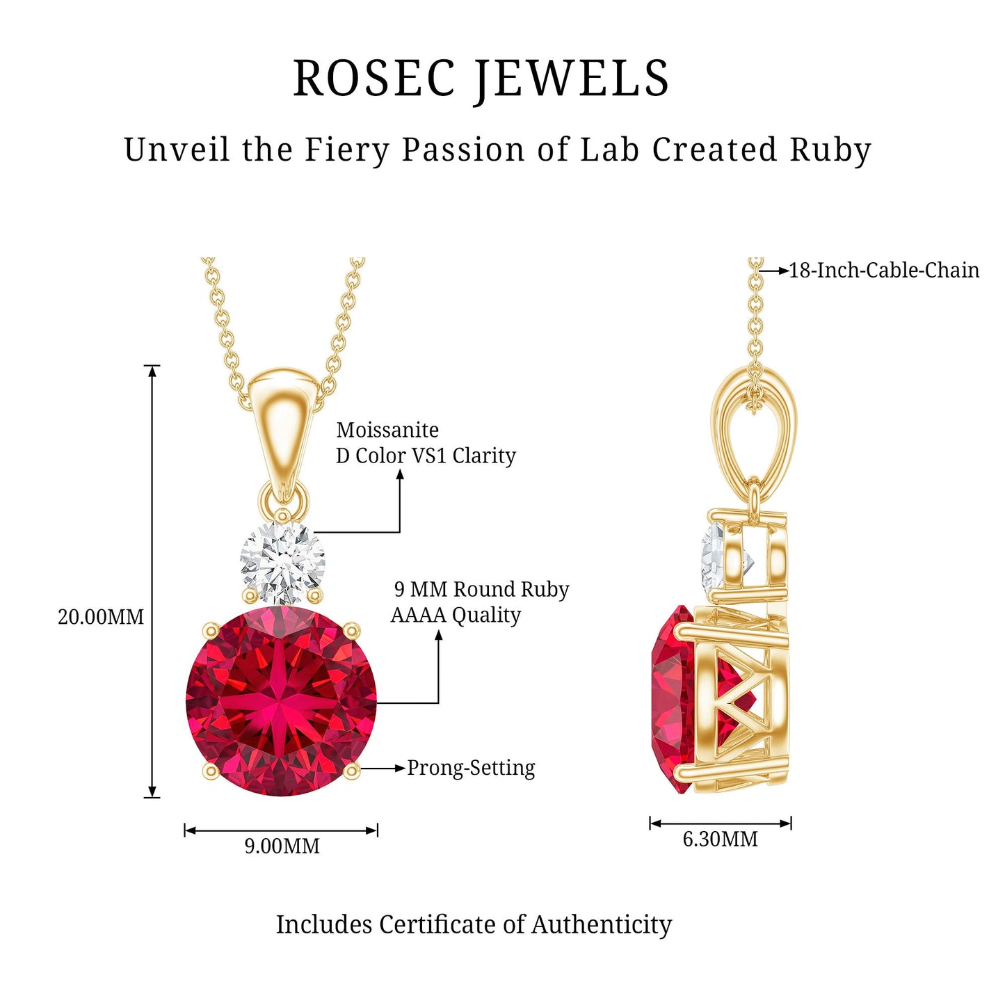 Certified 2.5 Carat Lab Grown Ruby Pendant Necklace with Moissanite