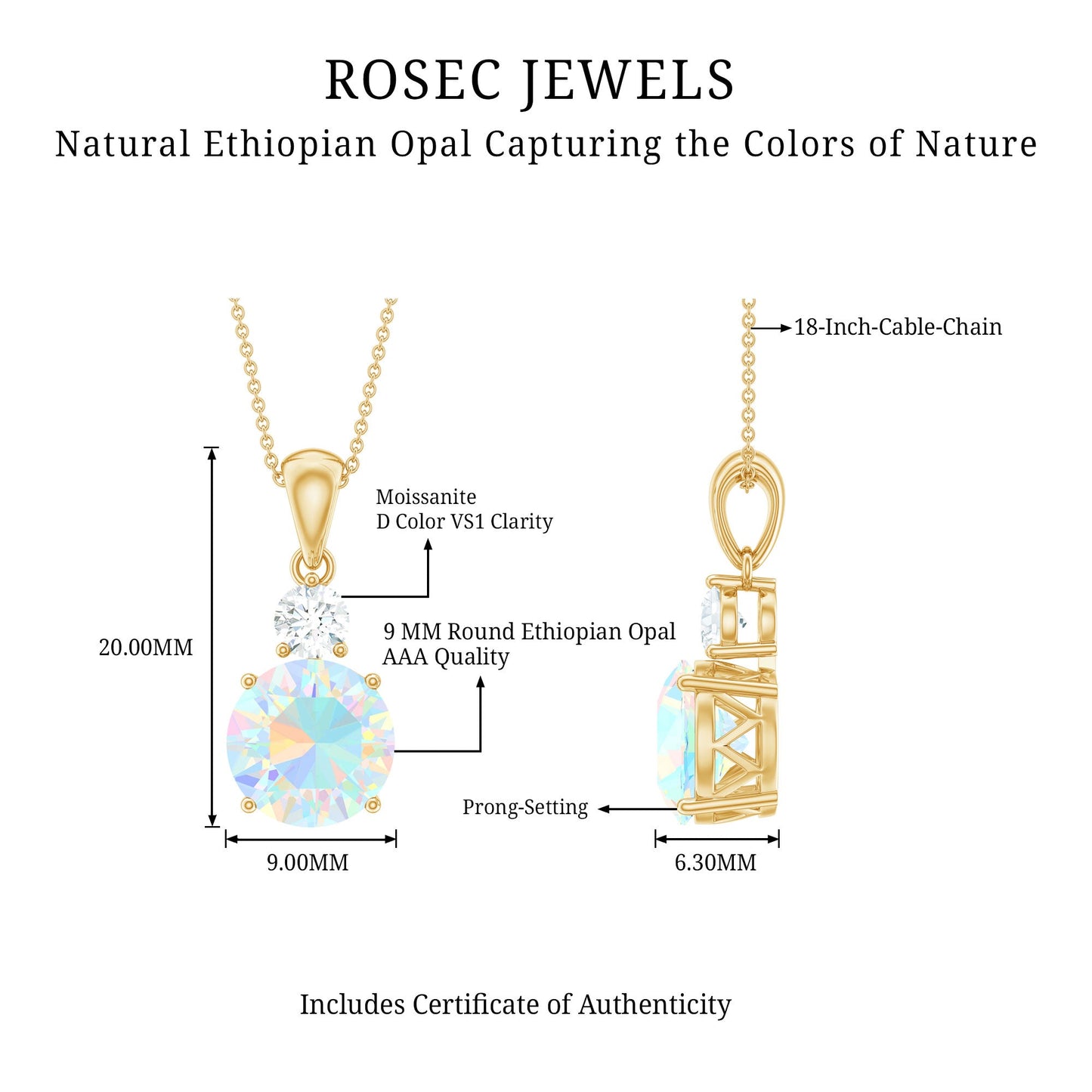 Certified 1.25 Carat Ethiopian Opal Solitaire Necklace with Moissanite