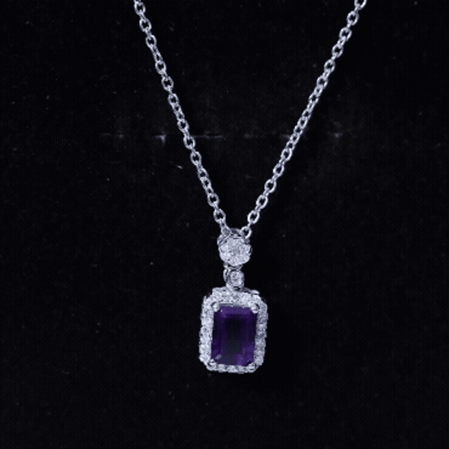 Genuine 1.1 Carat Emerald Cut Amethyst Vintage Necklace with Diamond Halo