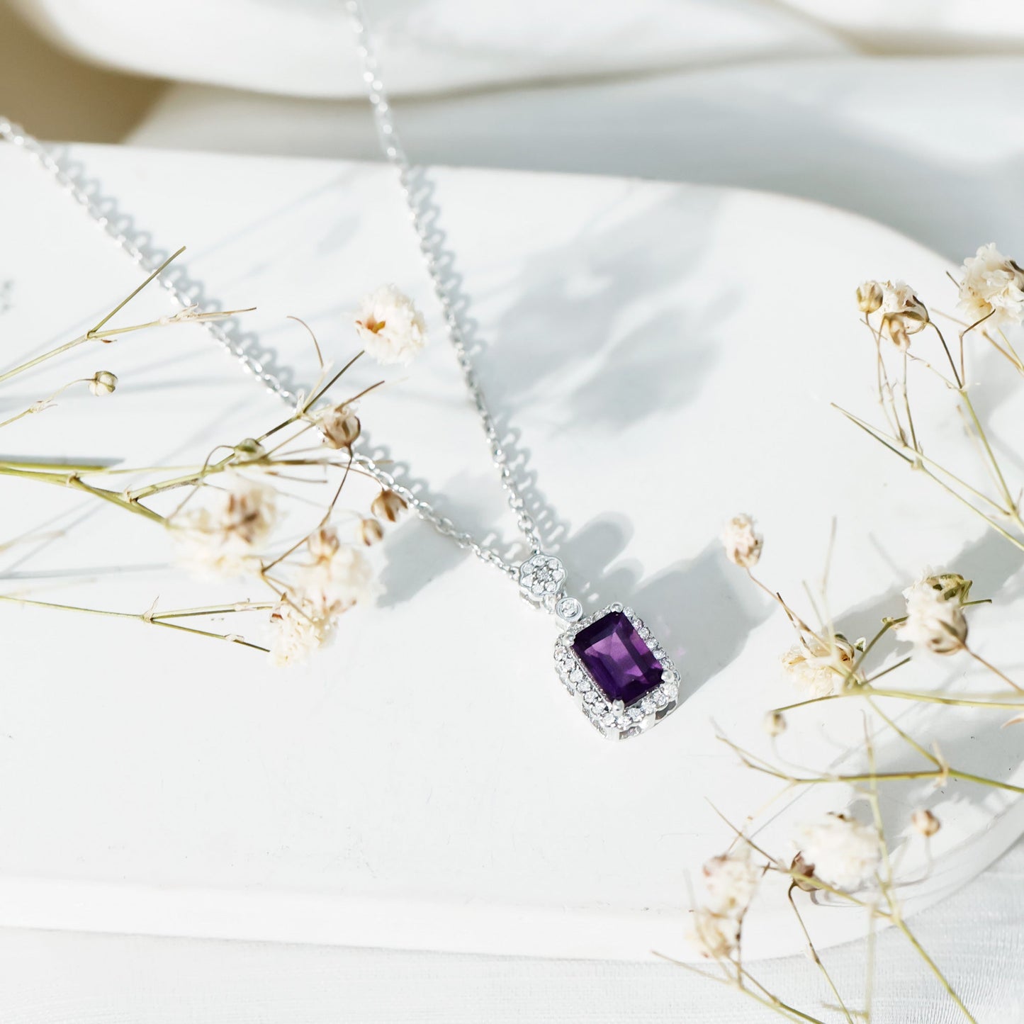 Genuine 1.1 Carat Emerald Cut Amethyst Vintage Necklace with Diamond Halo