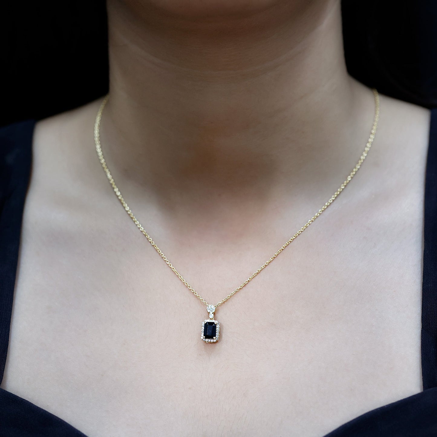 Vintage Style 1 Carat Emerald Cut Black Spinel Statement Necklace with Diamond Halo