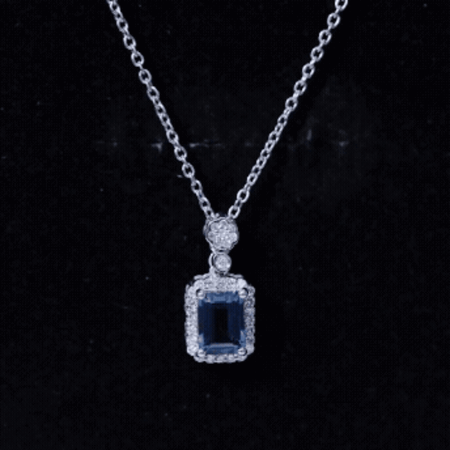 Genuine 1.1 Carat London Blue Topaz Emerald Cut Necklace with Diamond Halo