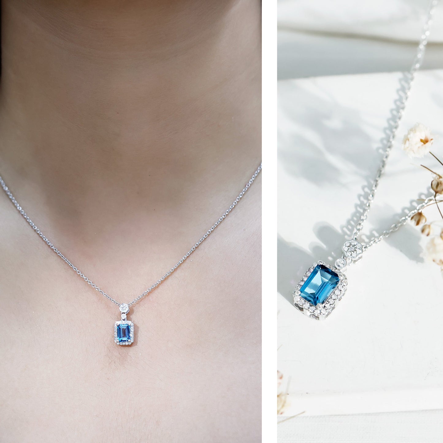 Genuine 1.1 Carat London Blue Topaz Emerald Cut Necklace with Diamond Halo