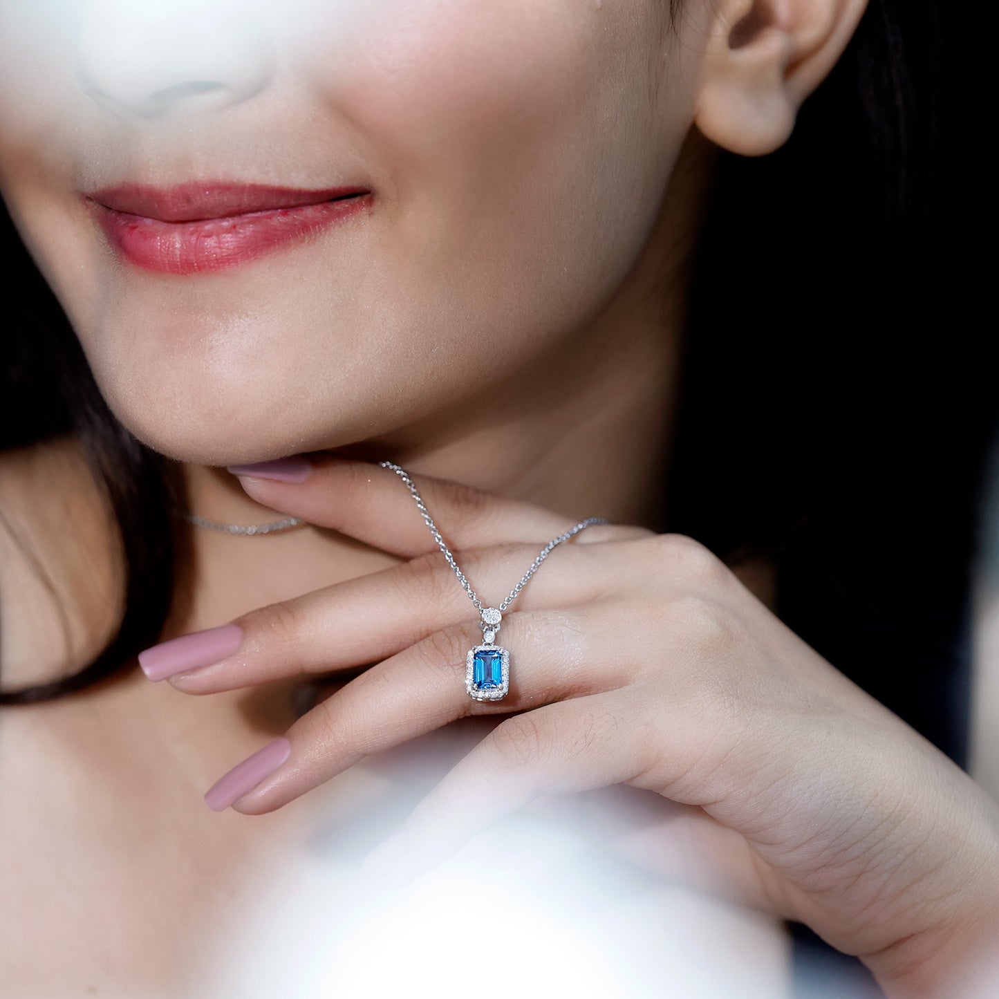 Genuine 1.1 Carat London Blue Topaz Emerald Cut Necklace with Diamond Halo