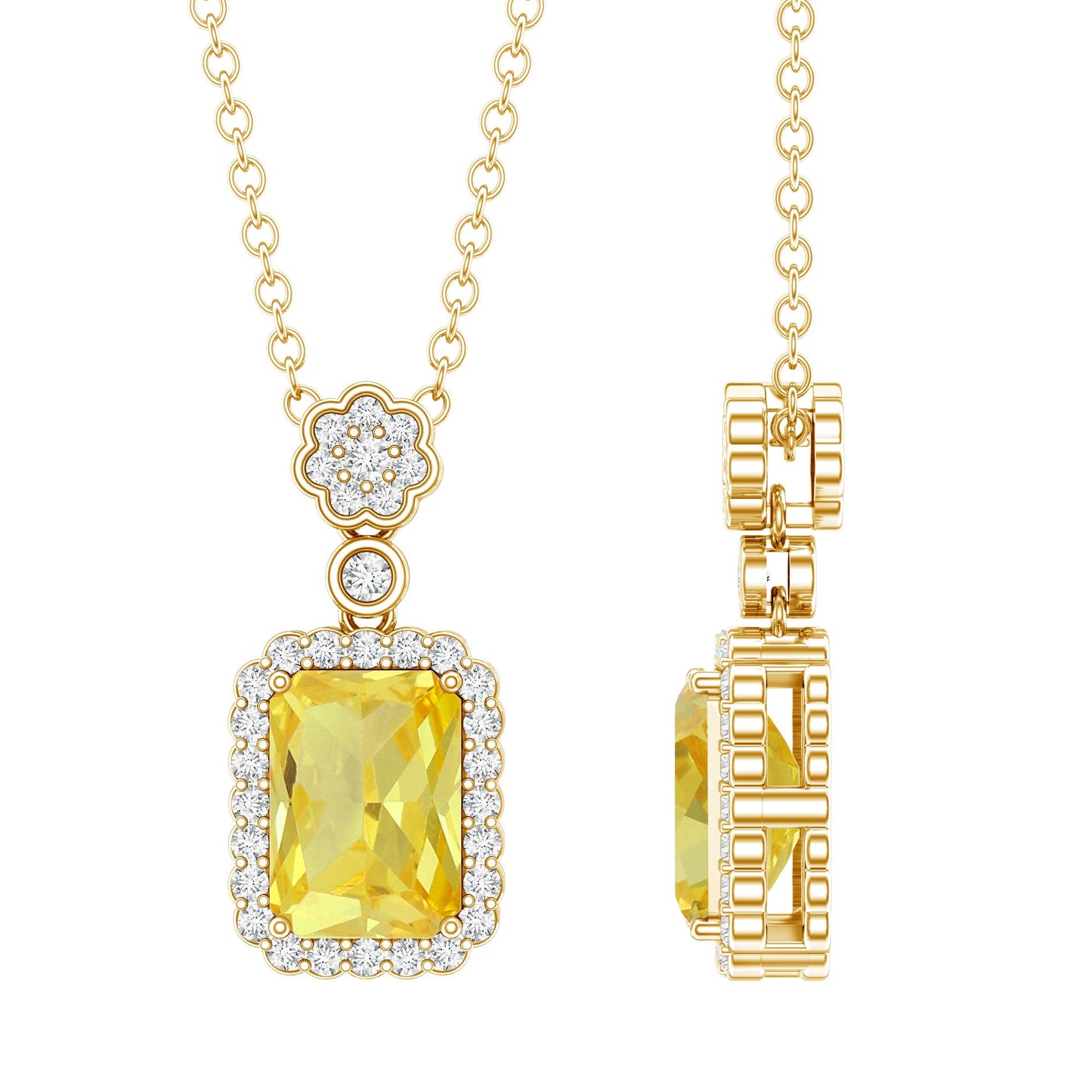 Vintage Inspired 1 Carat Lab Created Yellow Sapphire Necklace with Diamond Halo