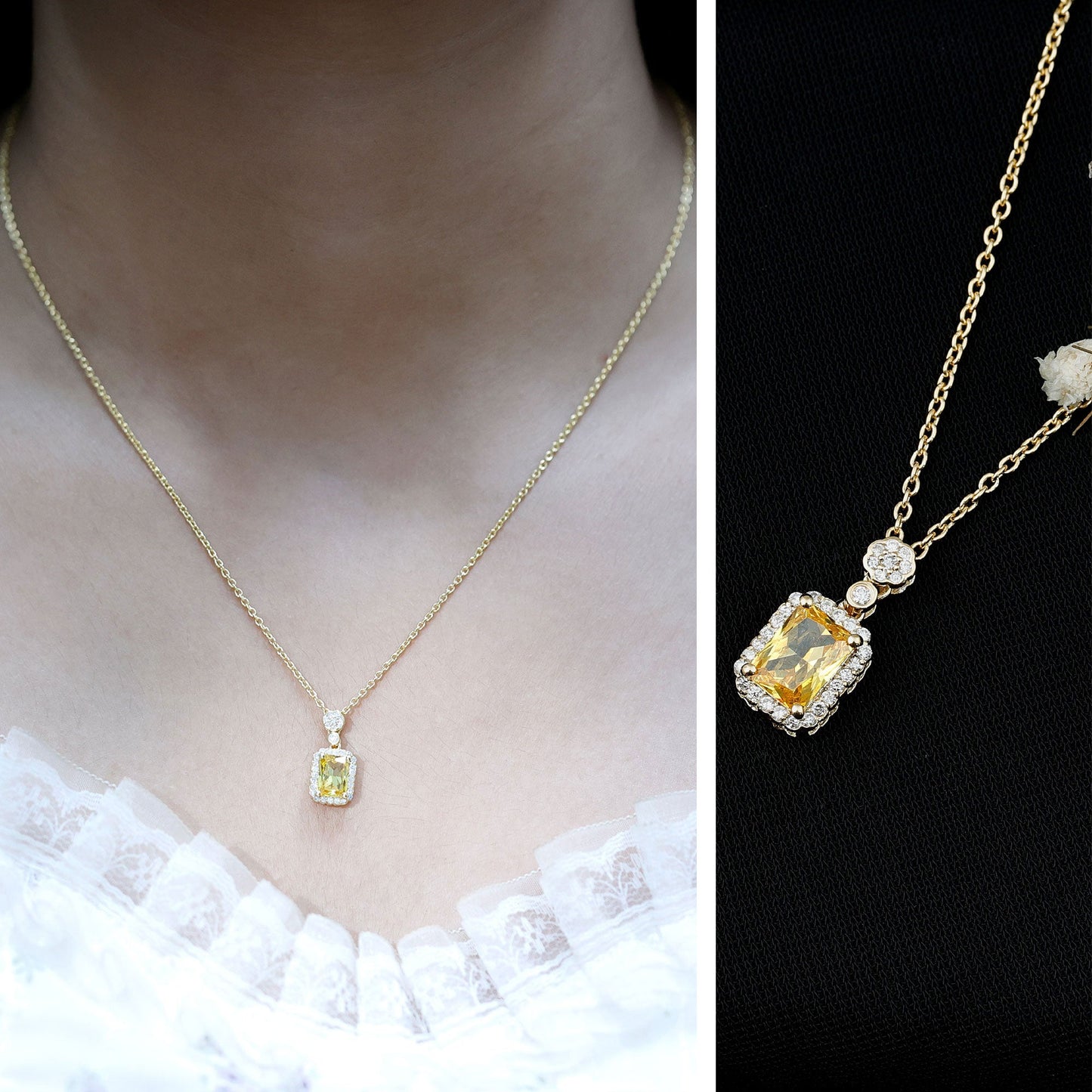 Vintage Inspired 1 Carat Lab Created Yellow Sapphire Necklace with Diamond Halo