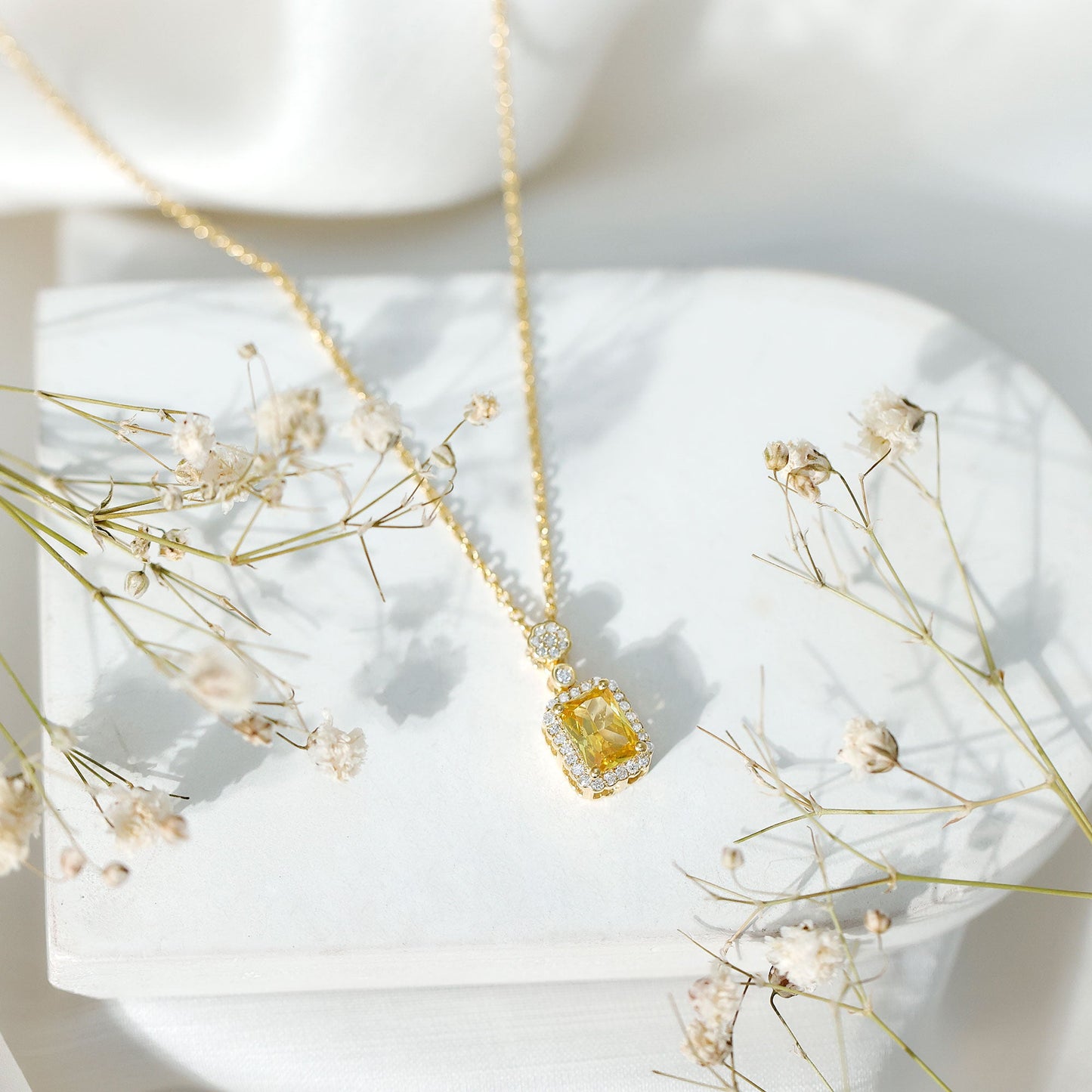 Vintage Inspired 1 Carat Lab Created Yellow Sapphire Necklace with Diamond Halo