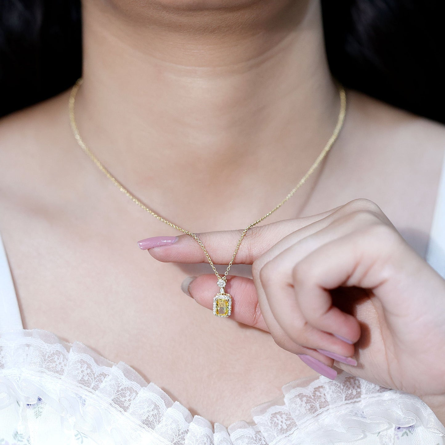 Vintage Inspired 1 Carat Lab Created Yellow Sapphire Necklace with Diamond Halo