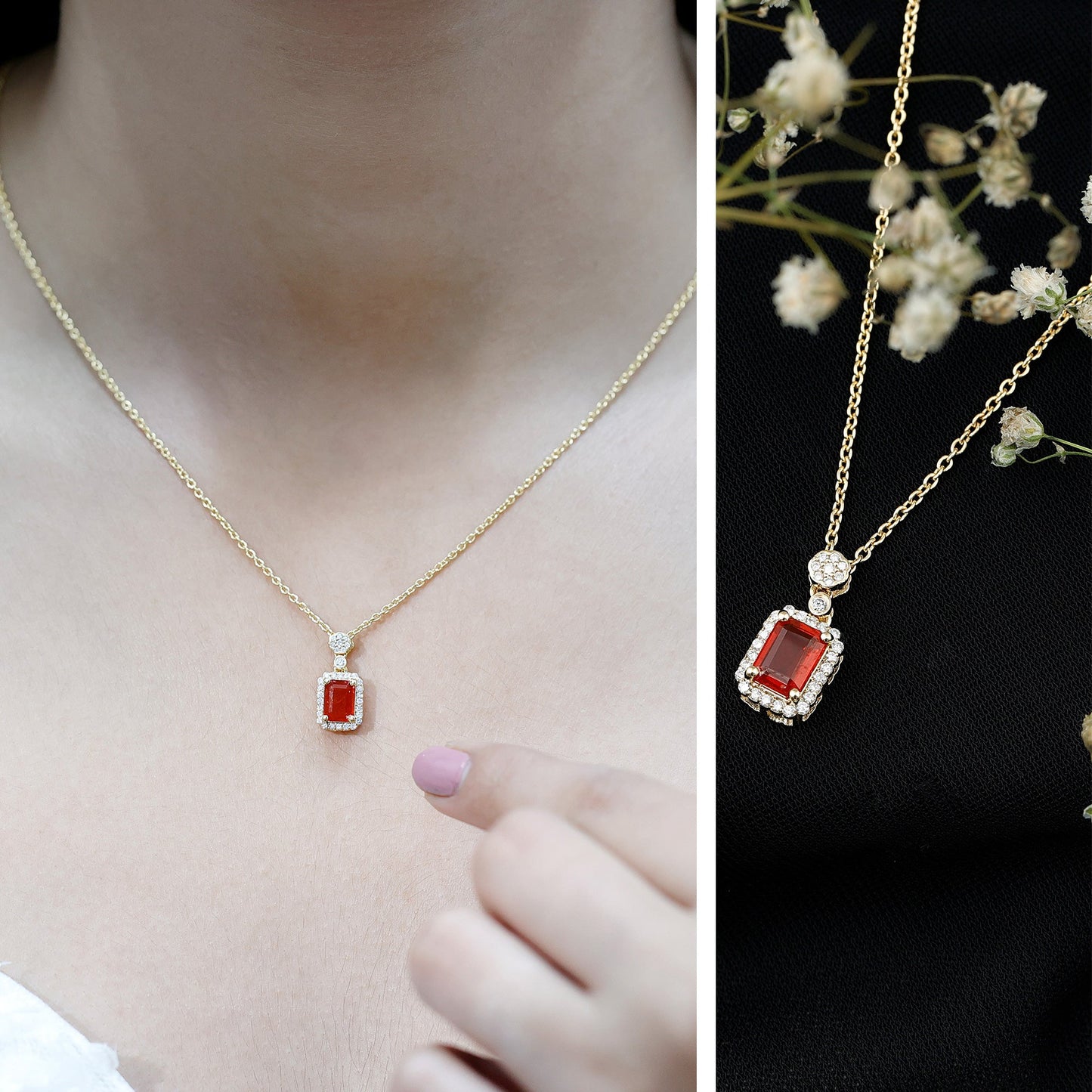 Vintage Style 1 Carat Emerald Cut Fire Opal Necklace with Diamond