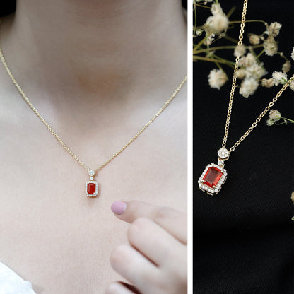 Vintage Style 1 Carat Emerald Cut Fire Opal Necklace with Diamond