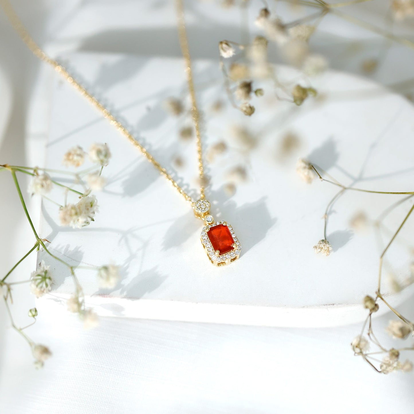 Vintage Style 1 Carat Emerald Cut Fire Opal Necklace with Diamond