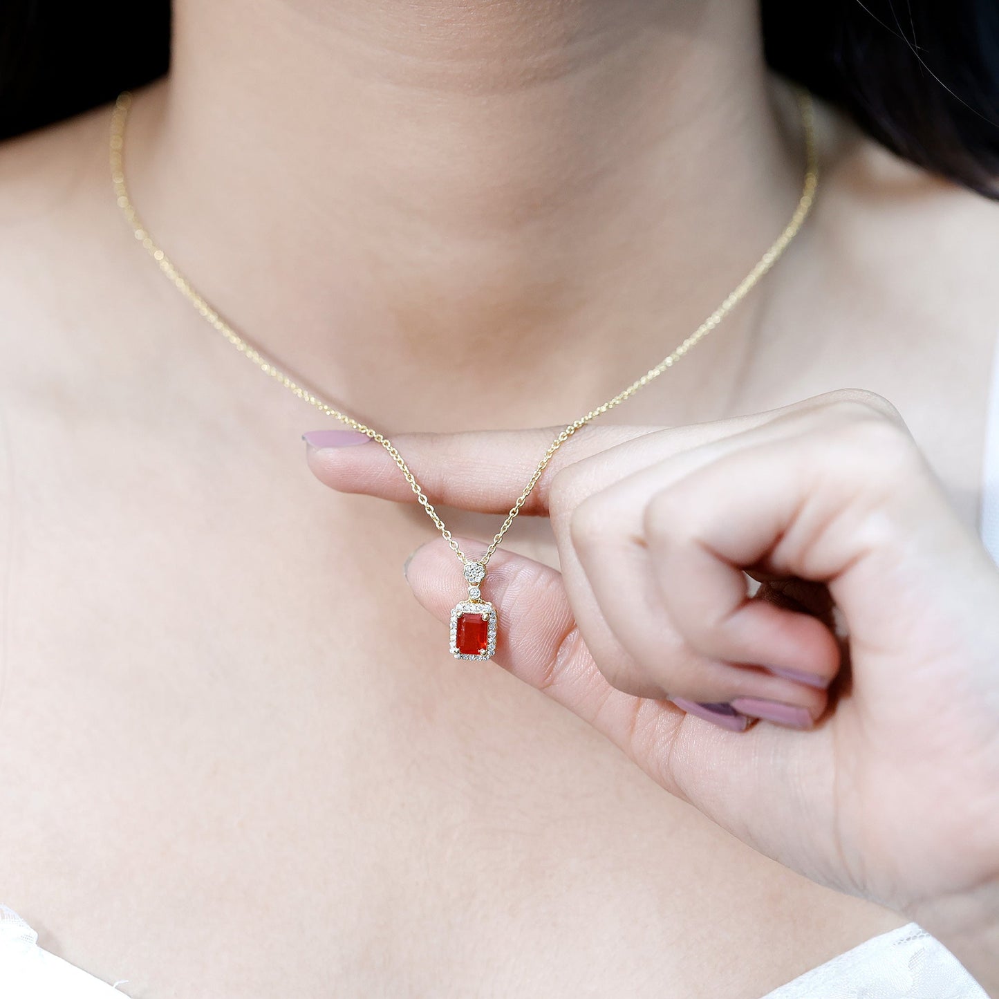 Vintage Style 1 Carat Emerald Cut Fire Opal Necklace with Diamond