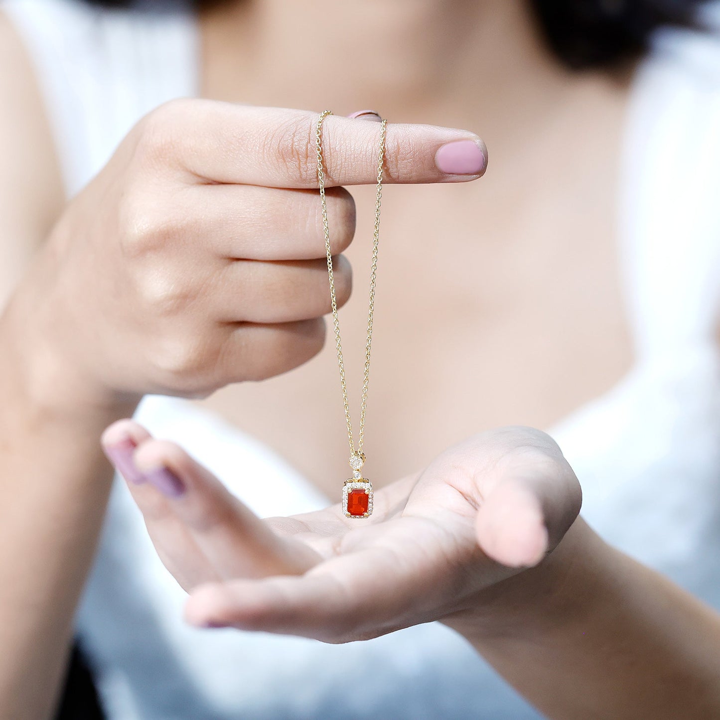Vintage Style 1 Carat Emerald Cut Fire Opal Necklace with Diamond