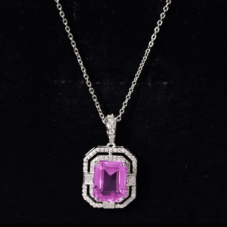 Certified 2.3 Carat Emerald Cut Lab Grown Pink Sapphire Diamond Vintage Necklace