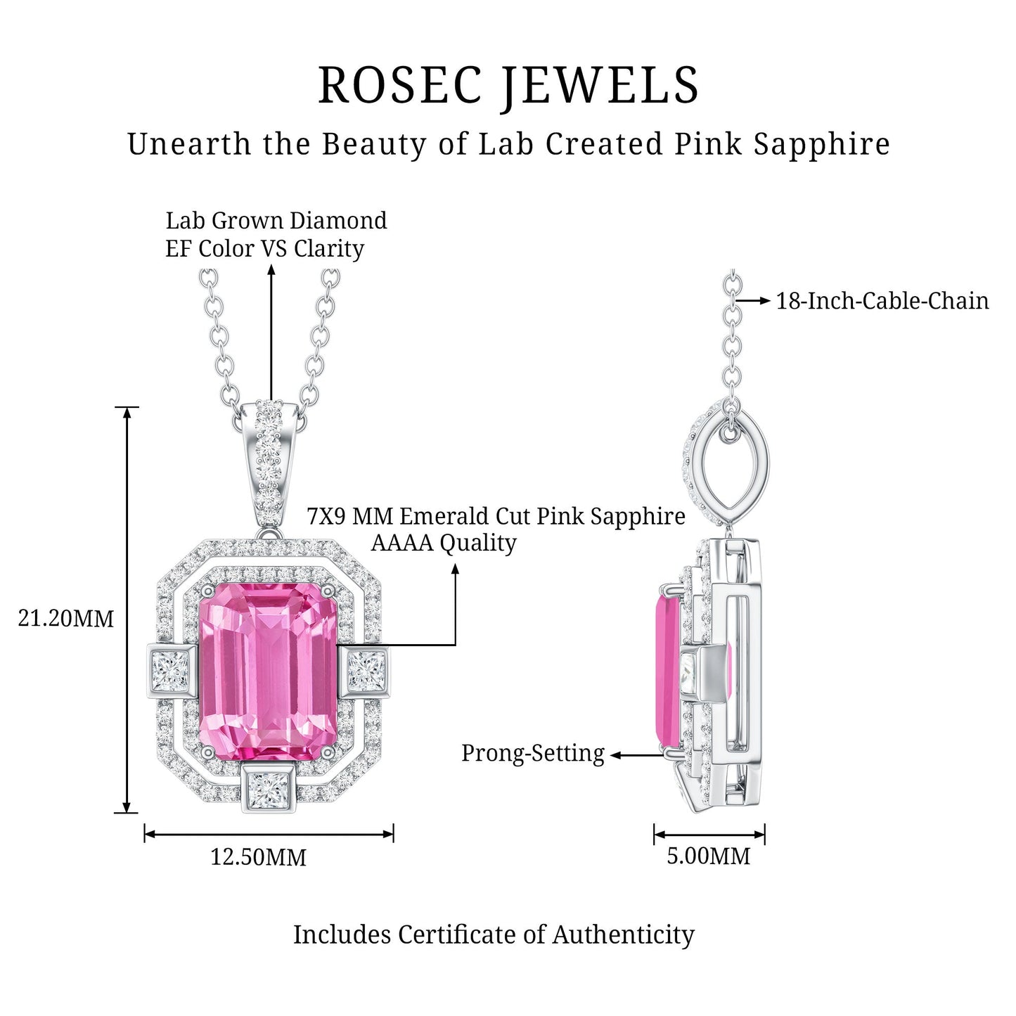 Certified 2.3 Carat Emerald Cut Lab Grown Pink Sapphire Diamond Vintage Necklace