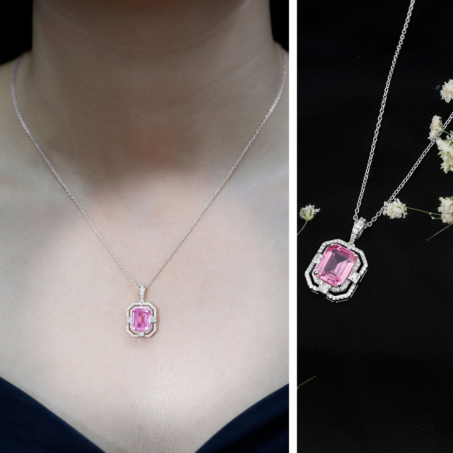 Certified 2.3 Carat Emerald Cut Lab Grown Pink Sapphire Diamond Vintage Necklace