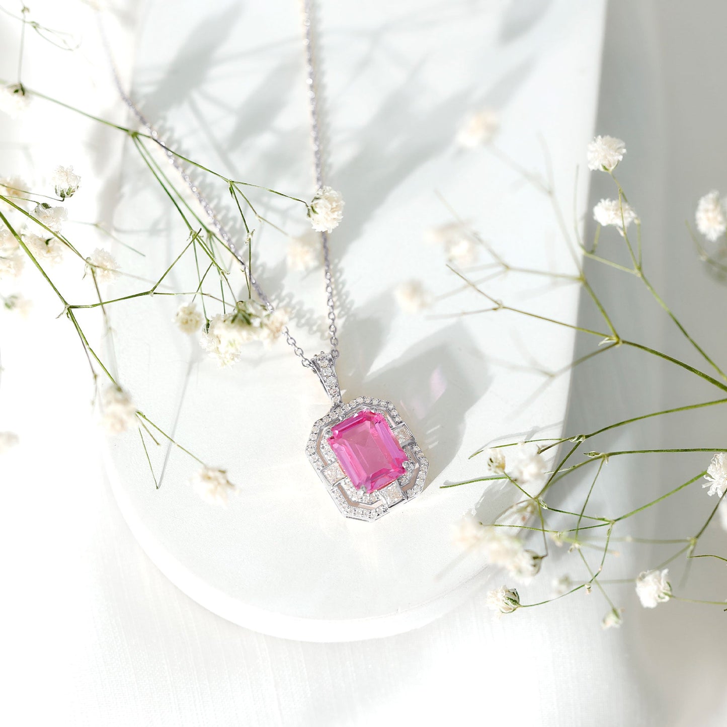 Certified 2.3 Carat Emerald Cut Lab Grown Pink Sapphire Diamond Vintage Necklace