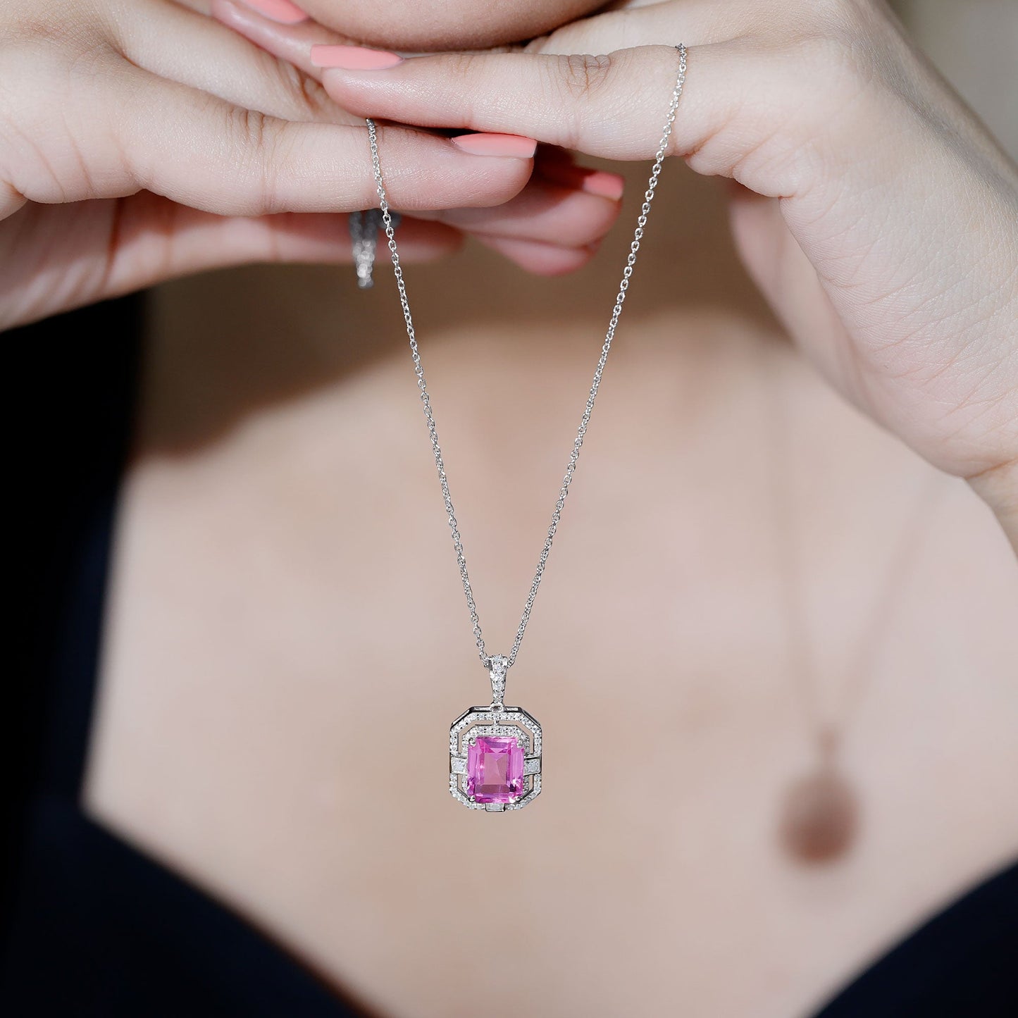 Certified 2.3 Carat Emerald Cut Lab Grown Pink Sapphire Diamond Vintage Necklace