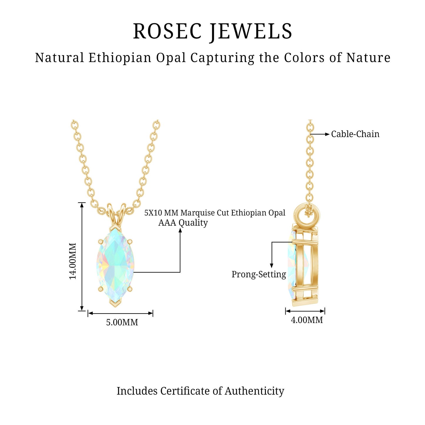 Yellow Gold Plated 1 Carat Marquise Ethiopian Opal Pendant Necklace with Chain