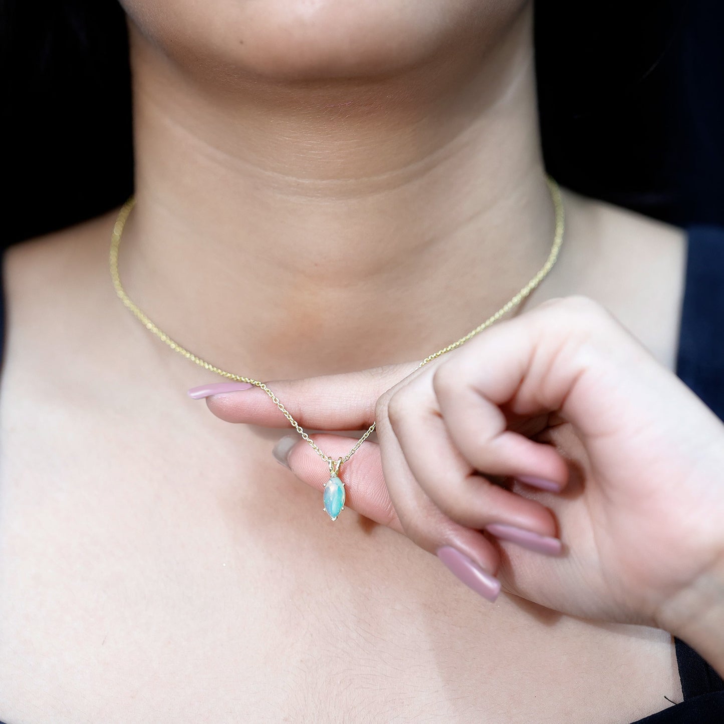 Yellow Gold Plated 1 Carat Marquise Ethiopian Opal Pendant Necklace with Chain