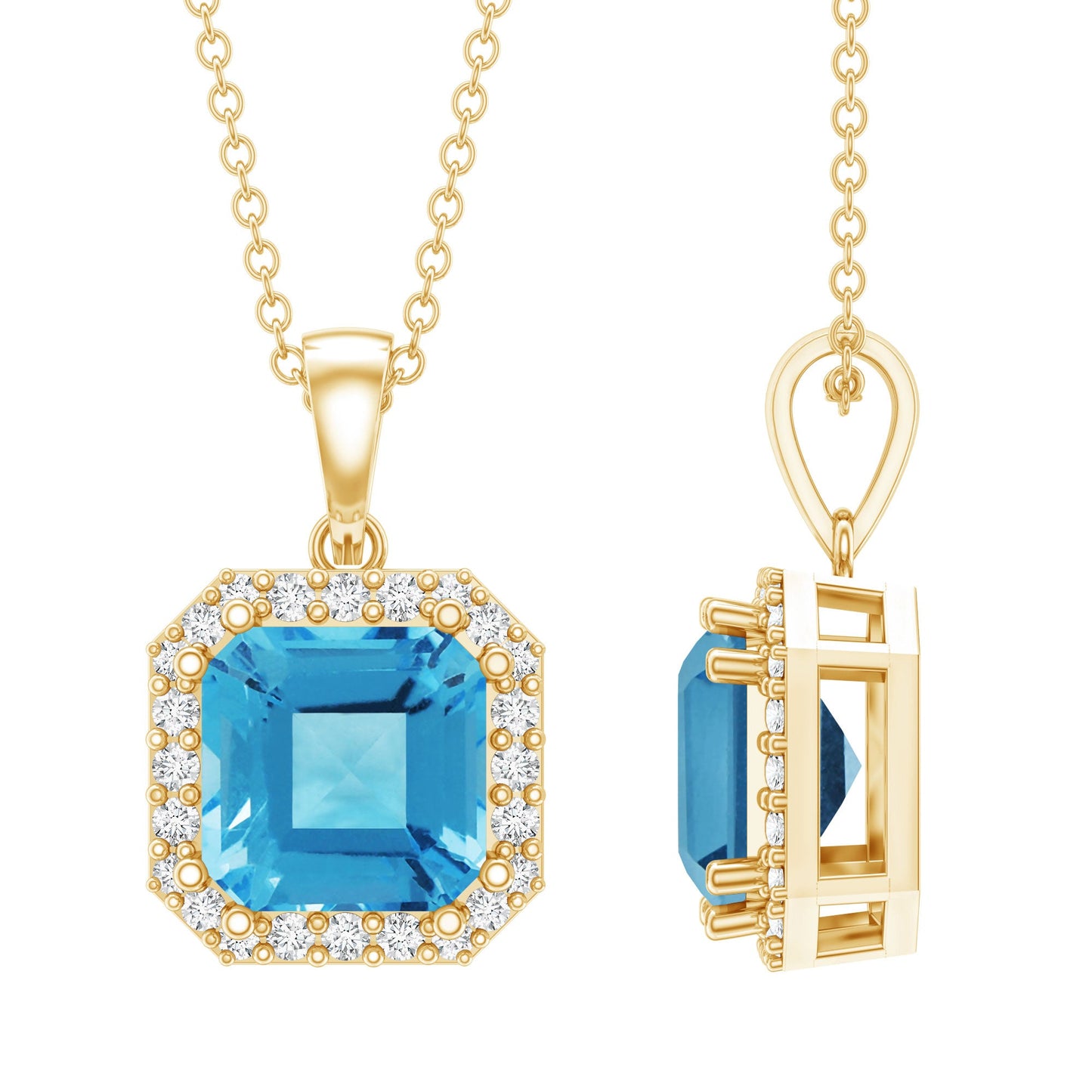 Certified 3 Carat Asscher Cut Swiss Blue Topaz Pendant Necklace with Diamond Halo