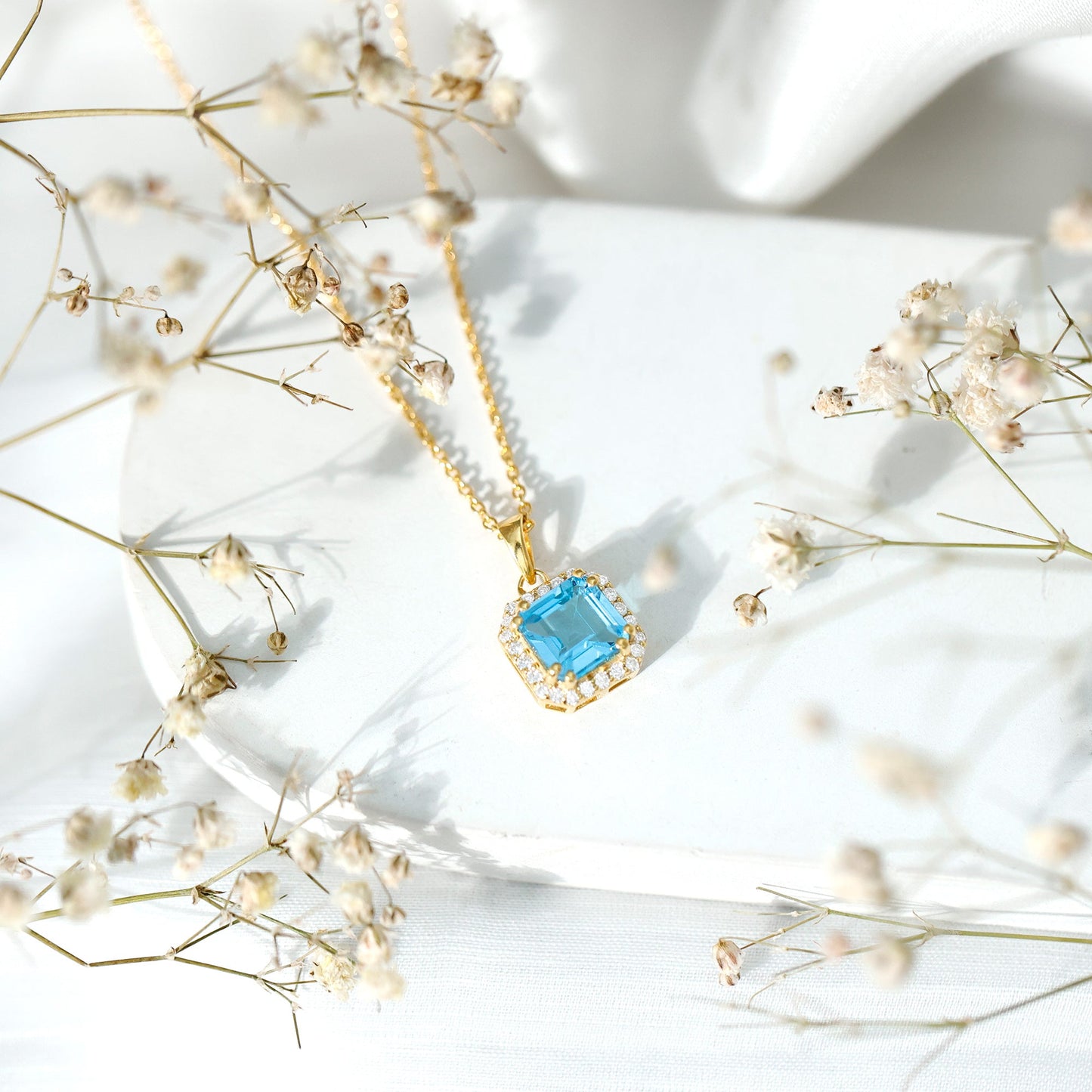 Certified 3 Carat Asscher Cut Swiss Blue Topaz Pendant Necklace with Diamond Halo