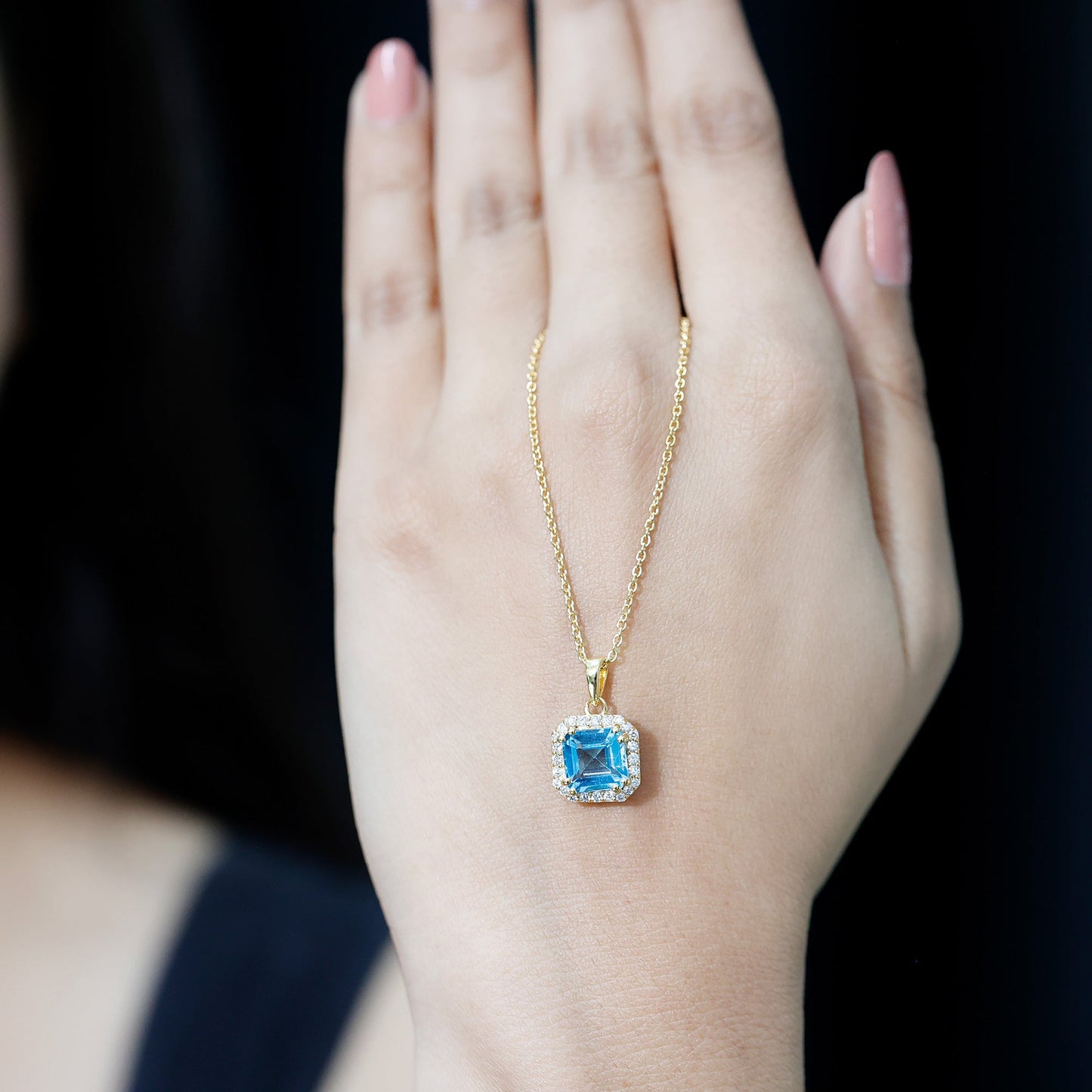 Certified 3 Carat Asscher Cut Swiss Blue Topaz Pendant Necklace with Diamond Halo