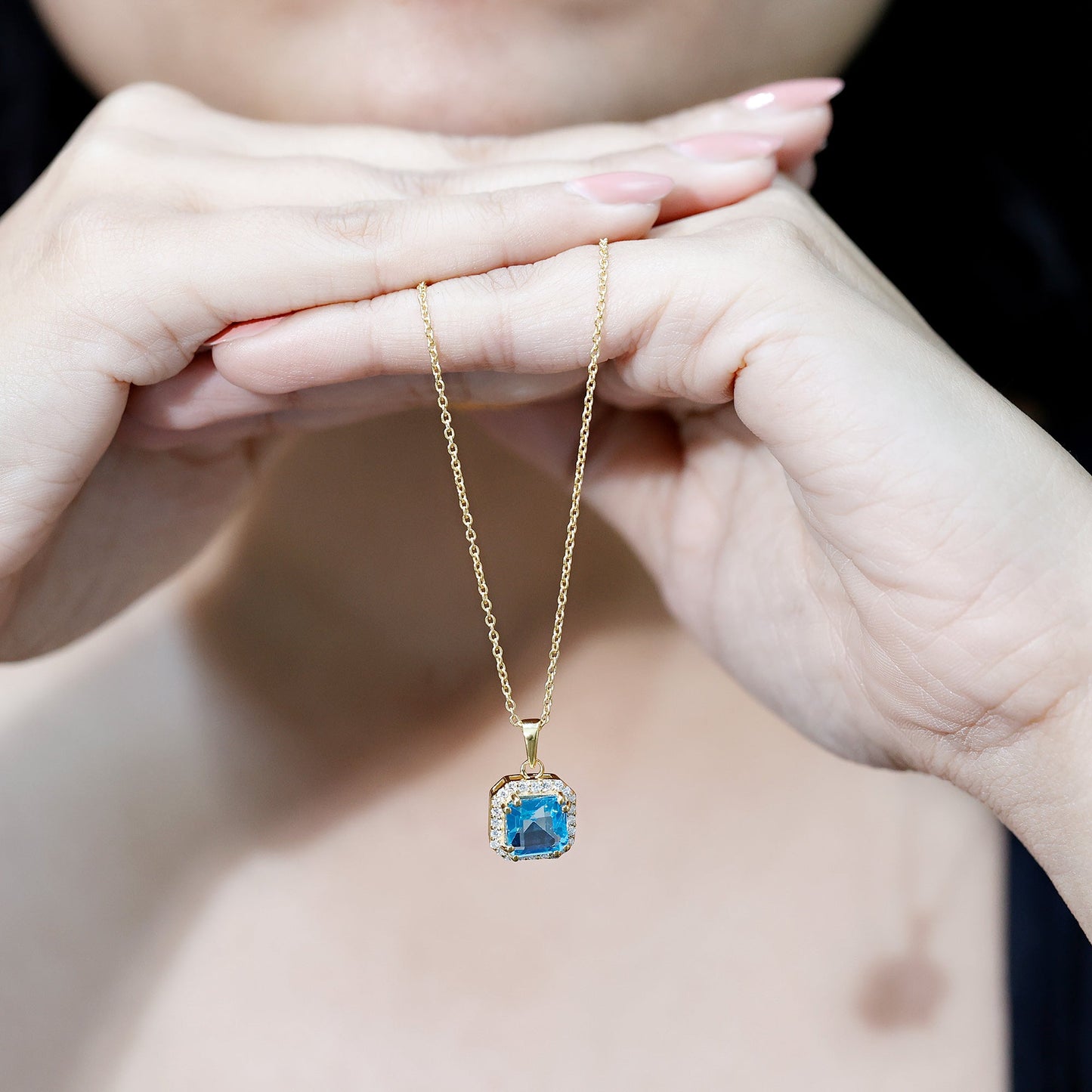 Certified 3 Carat Asscher Cut Swiss Blue Topaz Pendant Necklace with Diamond Halo