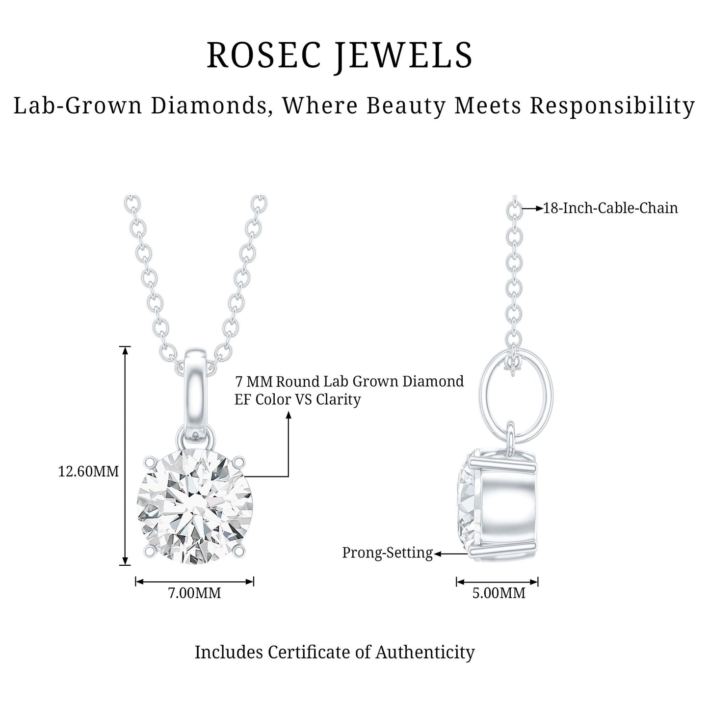 Lab Grown 1.2 Carat Single Diamond Necklace For Women