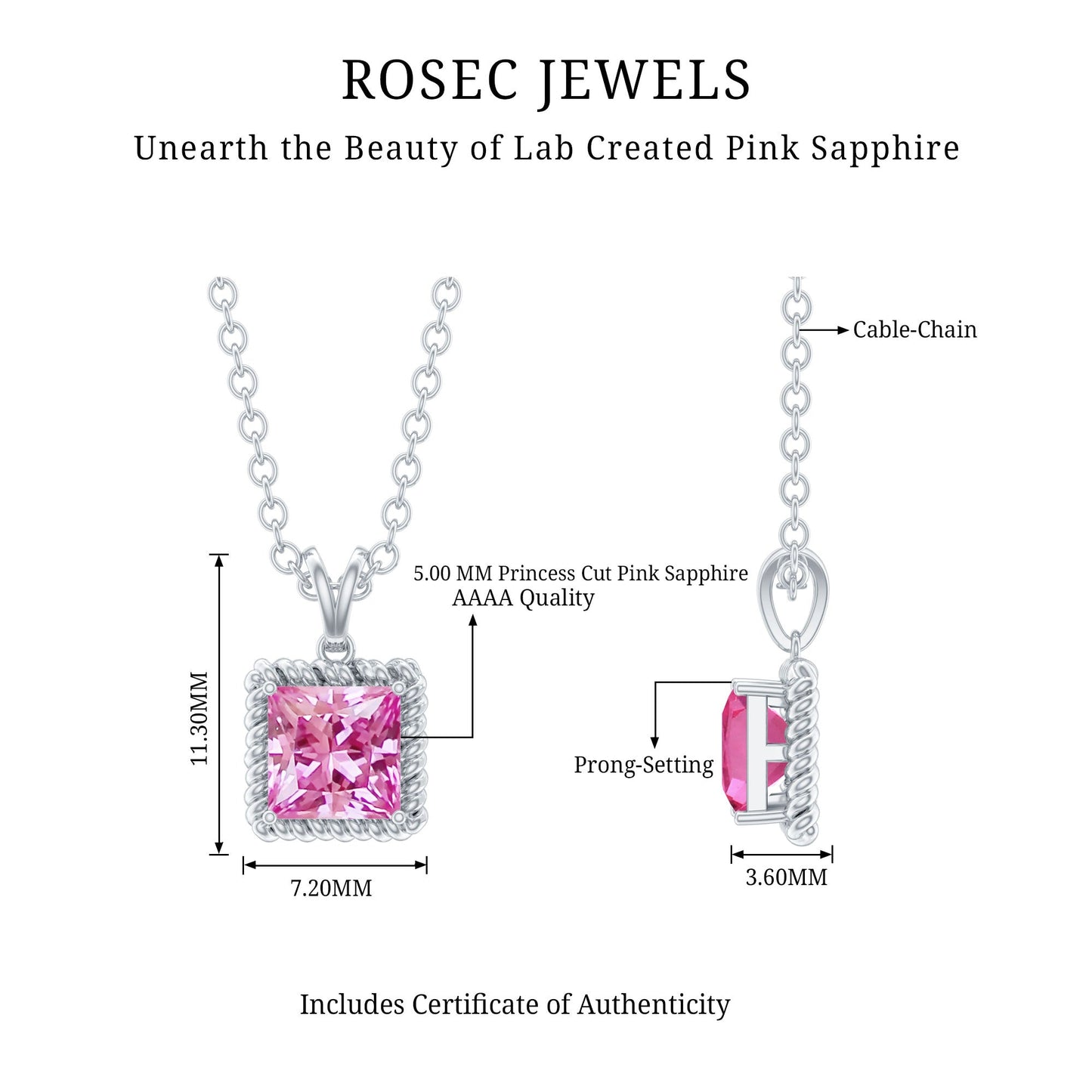 Princess Cut 0.7 Carat Lab Created Pink Sapphire Solitaire Pendant Necklace