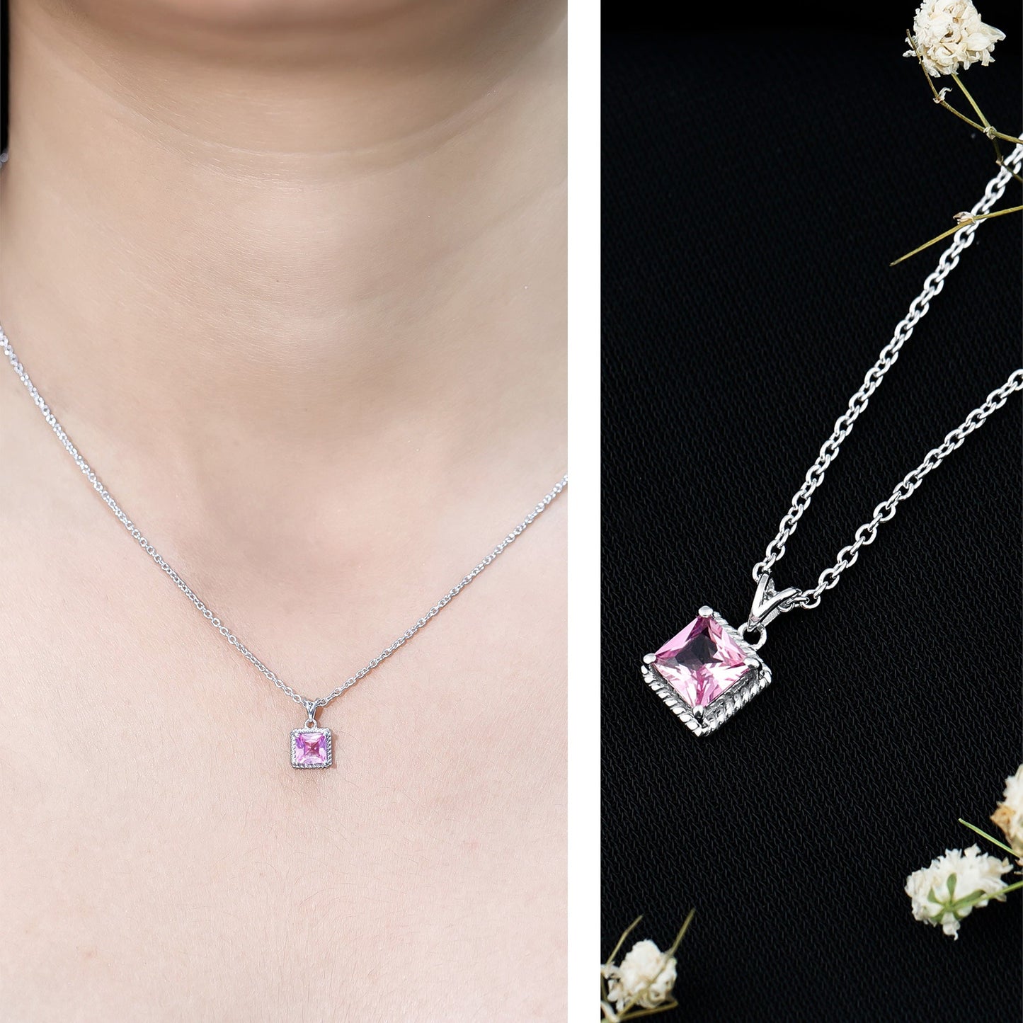 Princess Cut 0.7 Carat Lab Created Pink Sapphire Solitaire Pendant Necklace