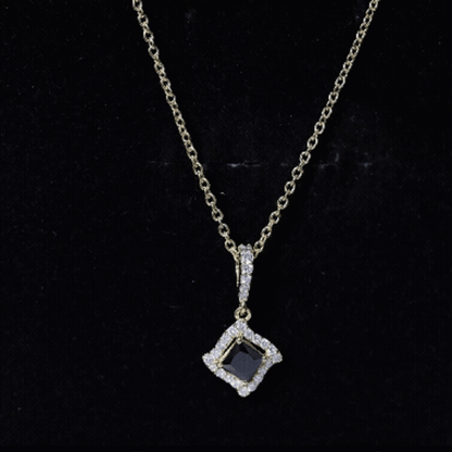 Sterling Silver Black Spinel Necklace with Diamond Halo