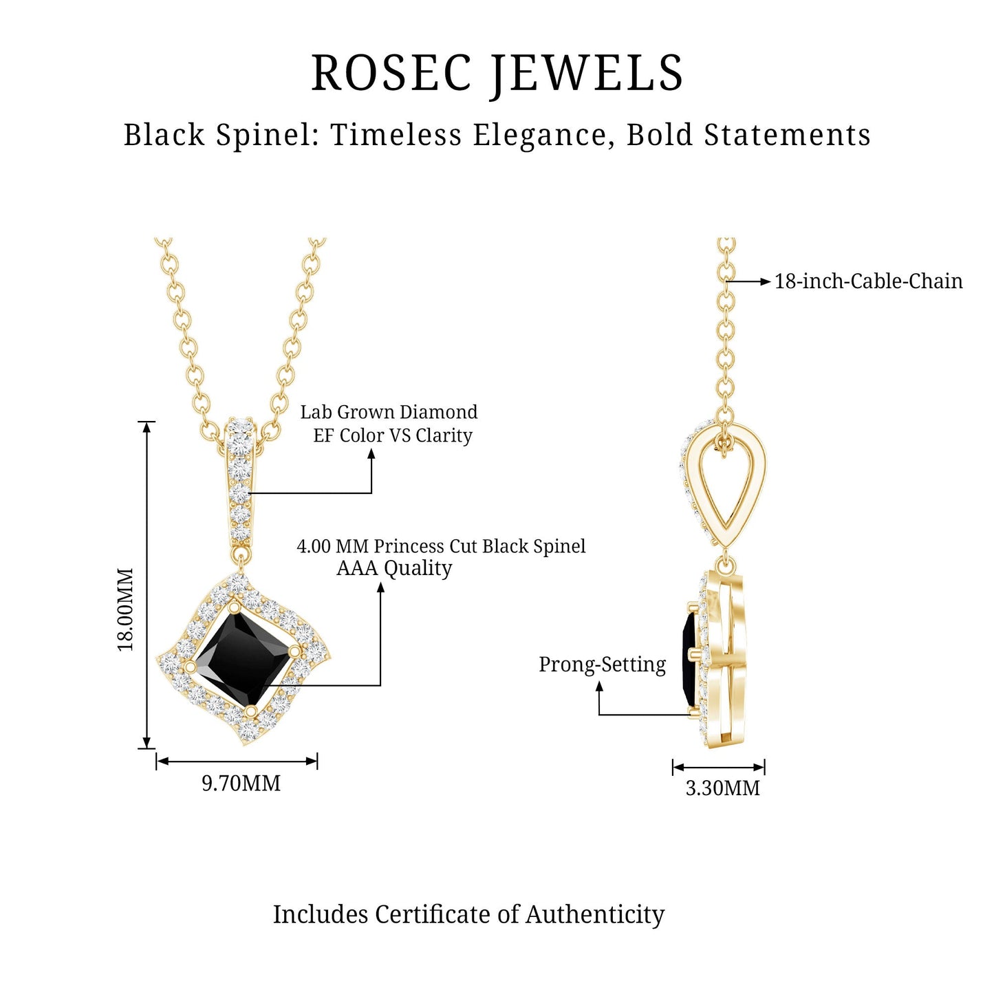 Sterling Silver Black Spinel Necklace with Diamond Halo