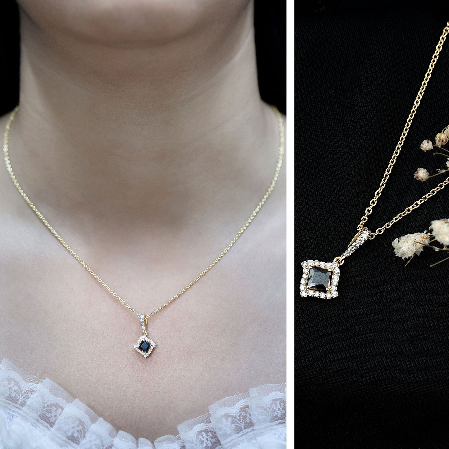 Sterling Silver Black Spinel Necklace with Diamond Halo