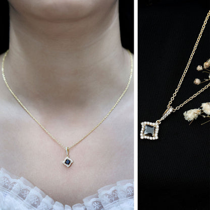 Sterling Silver Black Spinel Necklace with Diamond Halo