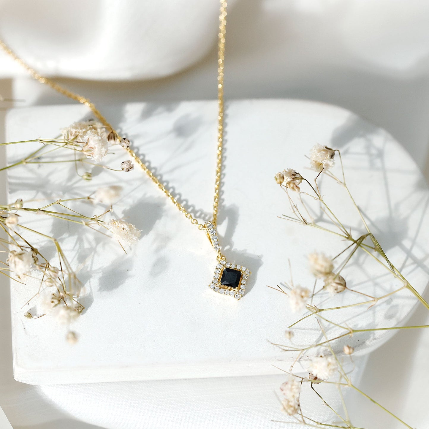 Sterling Silver Black Spinel Necklace with Diamond Halo