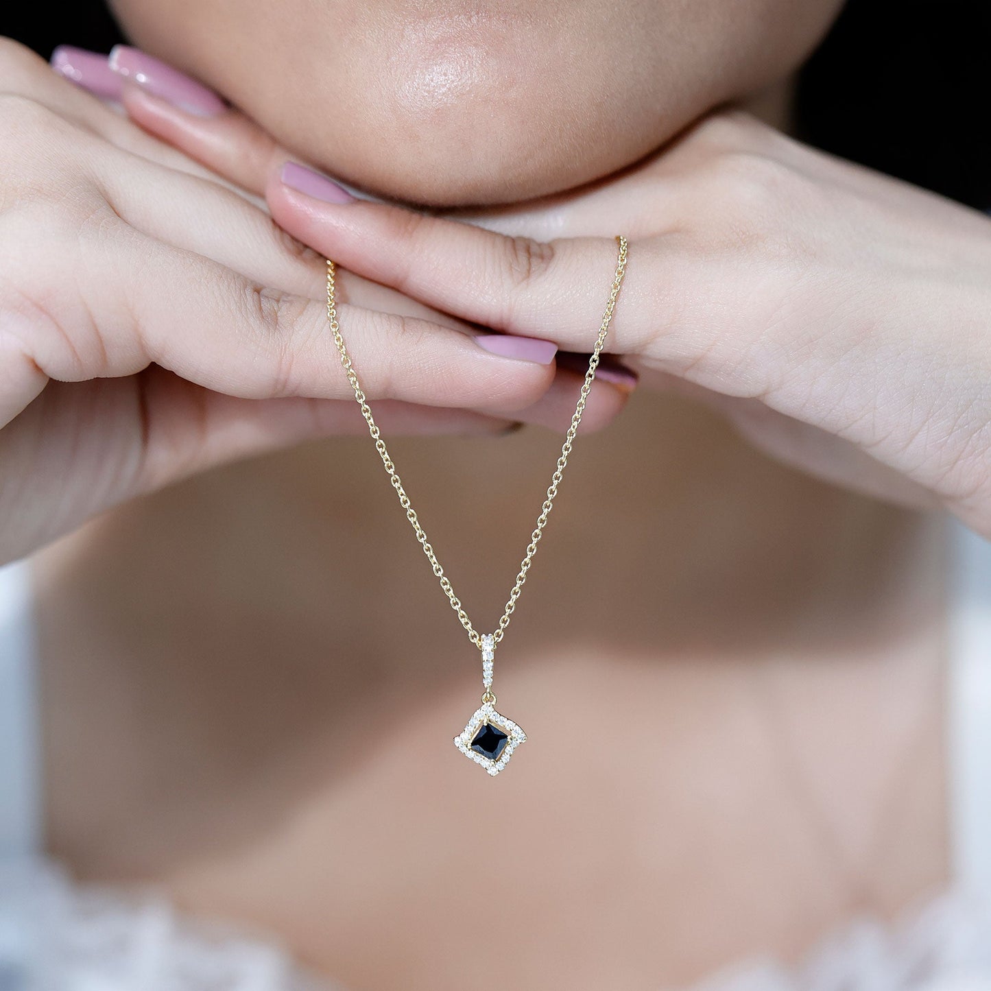 Sterling Silver Black Spinel Necklace with Diamond Halo