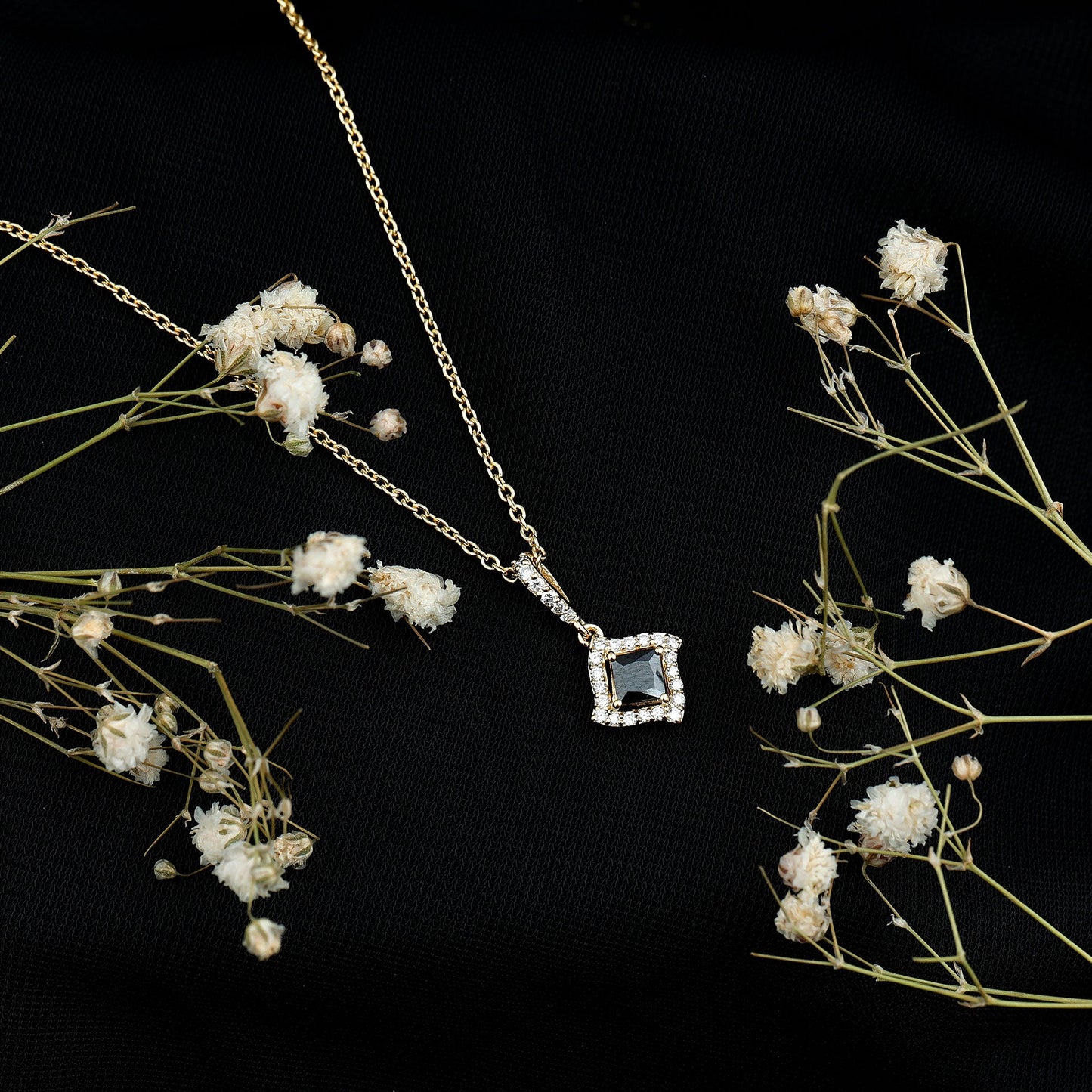 Sterling Silver Black Spinel Necklace with Diamond Halo
