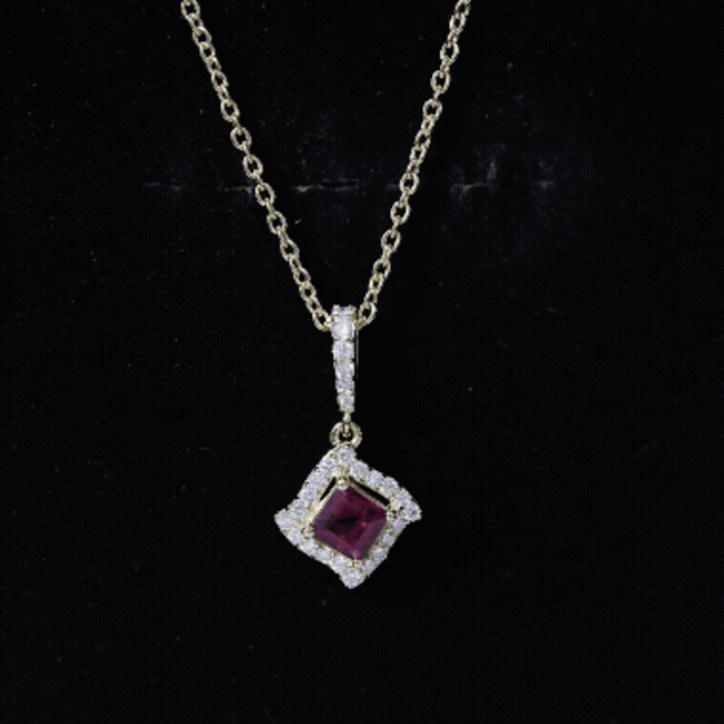 Princess Cut Rhodolite and Diamond Halo Pendant Necklace