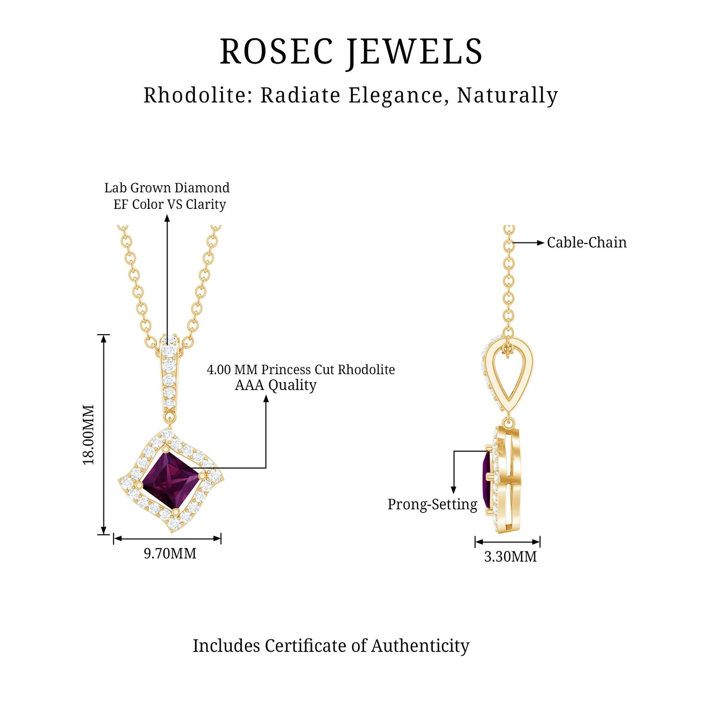 Princess Cut Rhodolite and Diamond Halo Pendant Necklace
