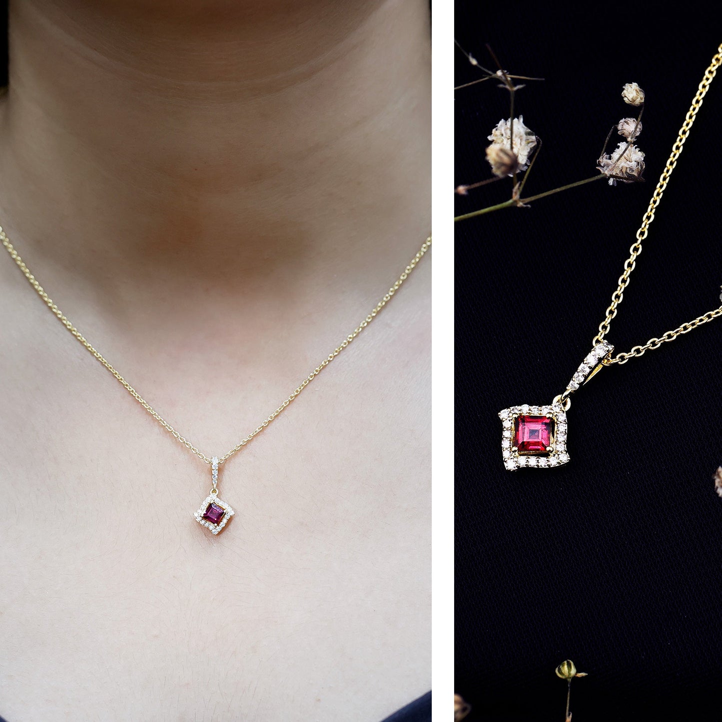 Princess Cut Rhodolite and Diamond Halo Pendant Necklace