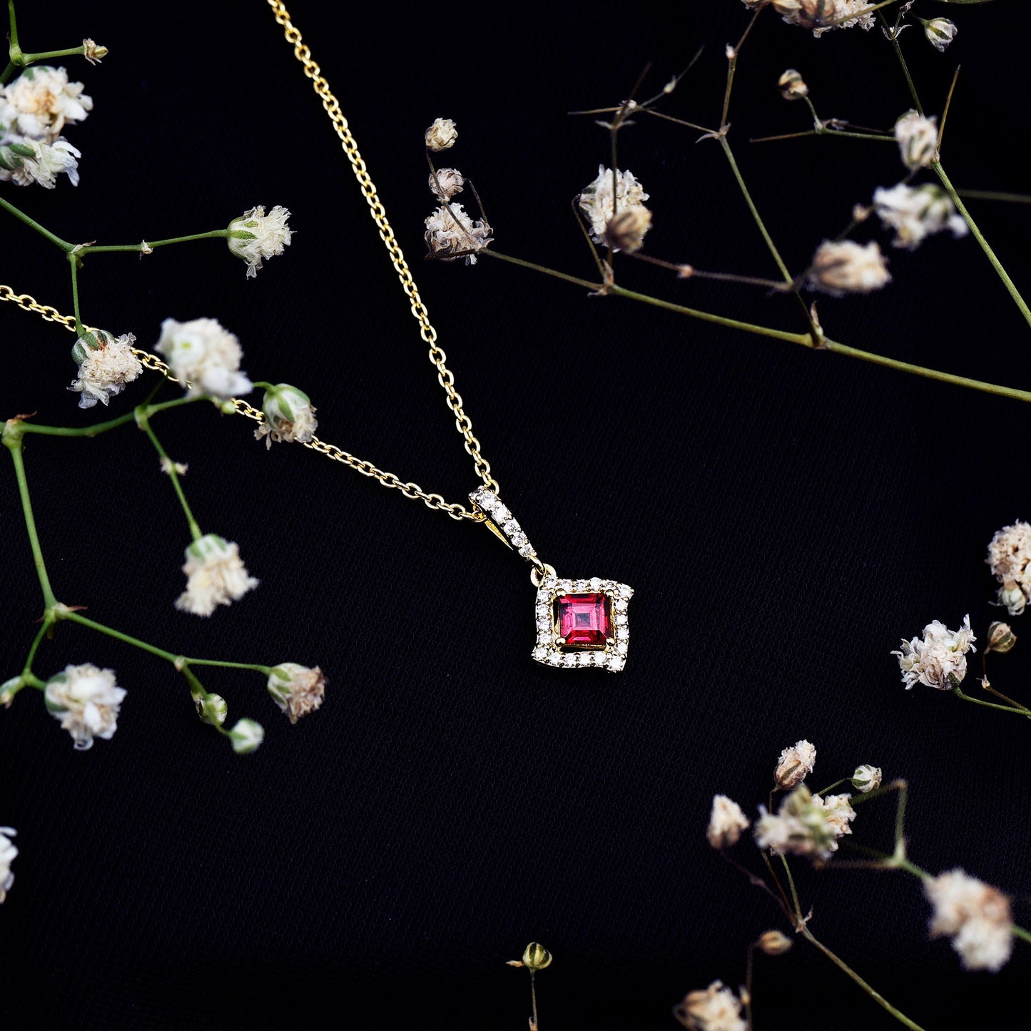 Princess Cut Rhodolite and Diamond Halo Pendant Necklace