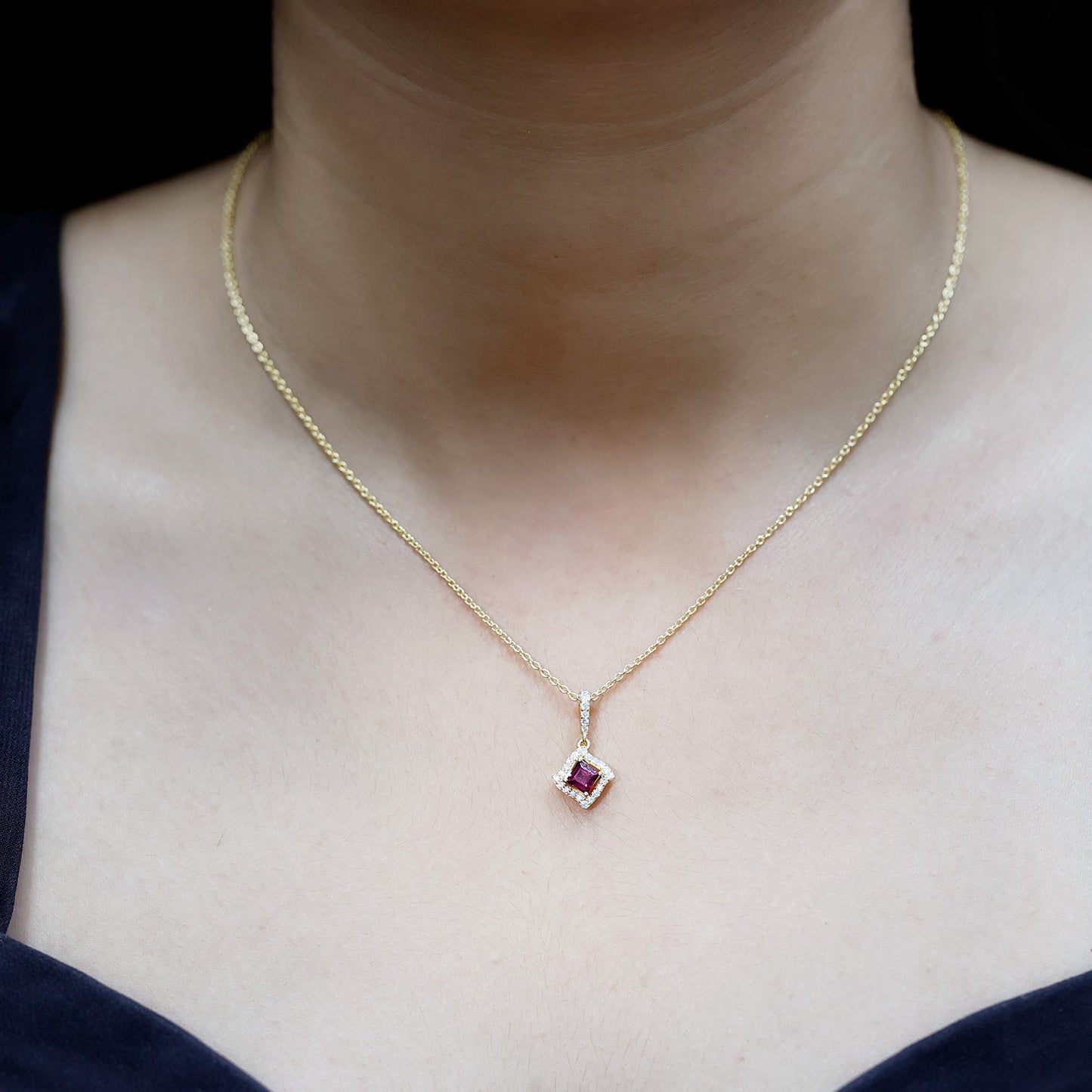 Princess Cut Rhodolite and Diamond Halo Pendant Necklace