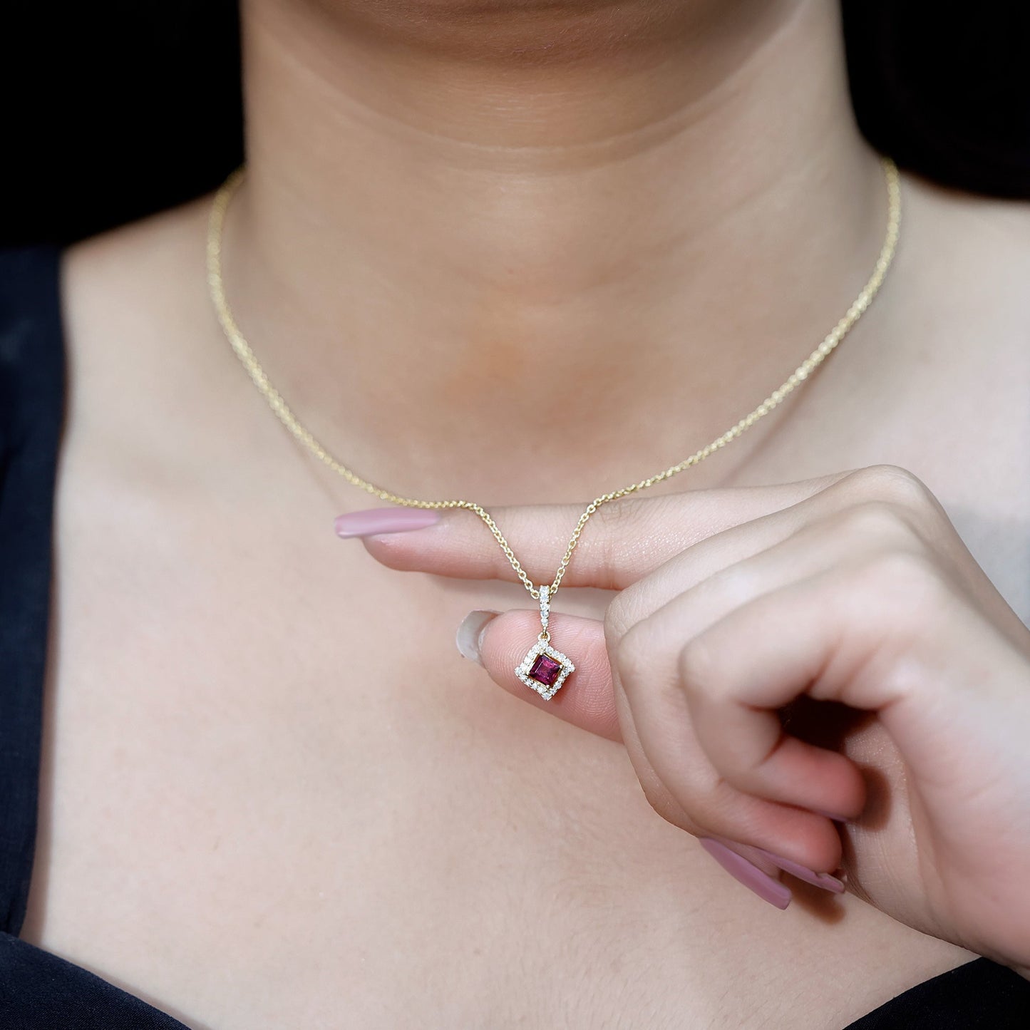 Princess Cut Rhodolite and Diamond Halo Pendant Necklace