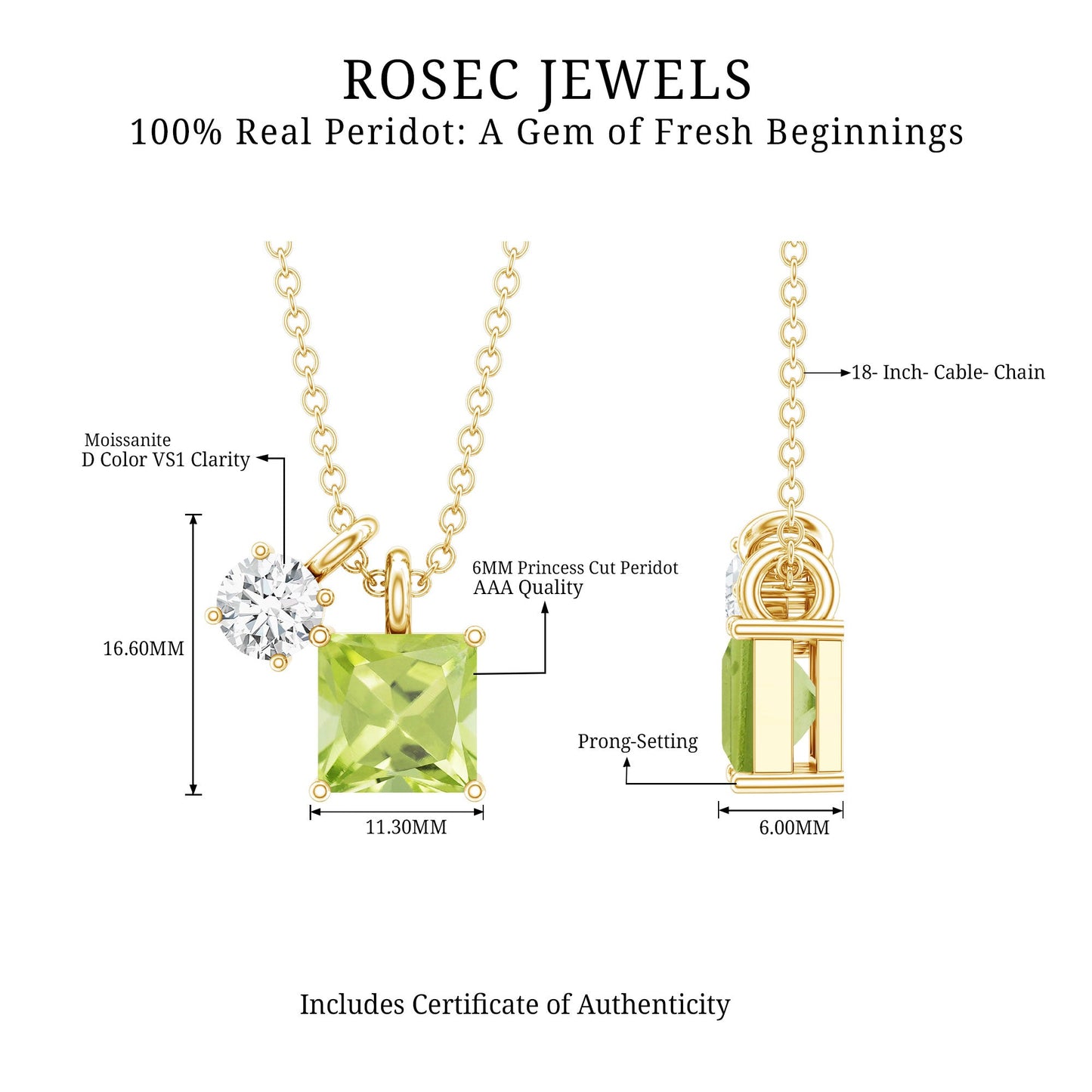 Princess Cut 1 Carat Peridot Pendant Necklace with Silver Chain
