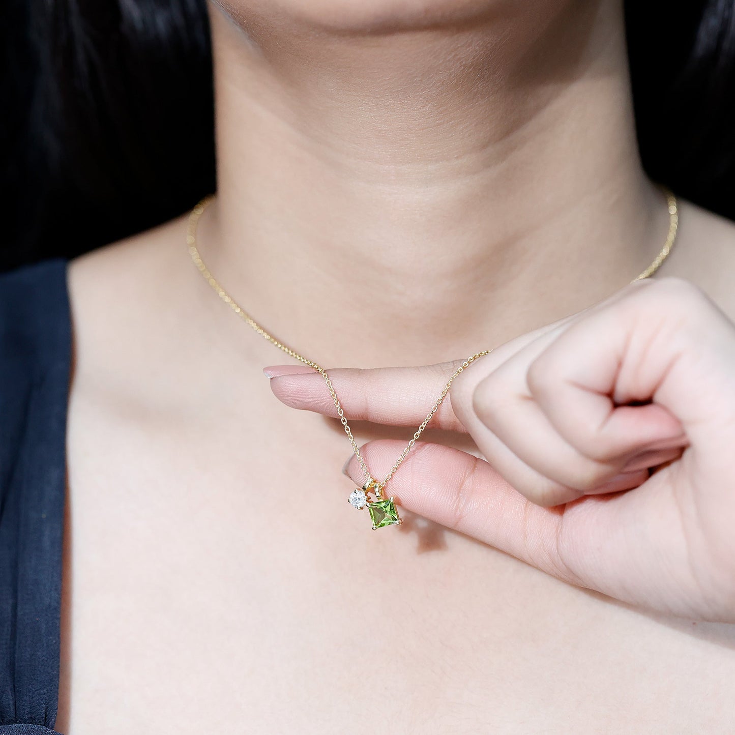Princess Cut 1 Carat Peridot Pendant Necklace with Silver Chain