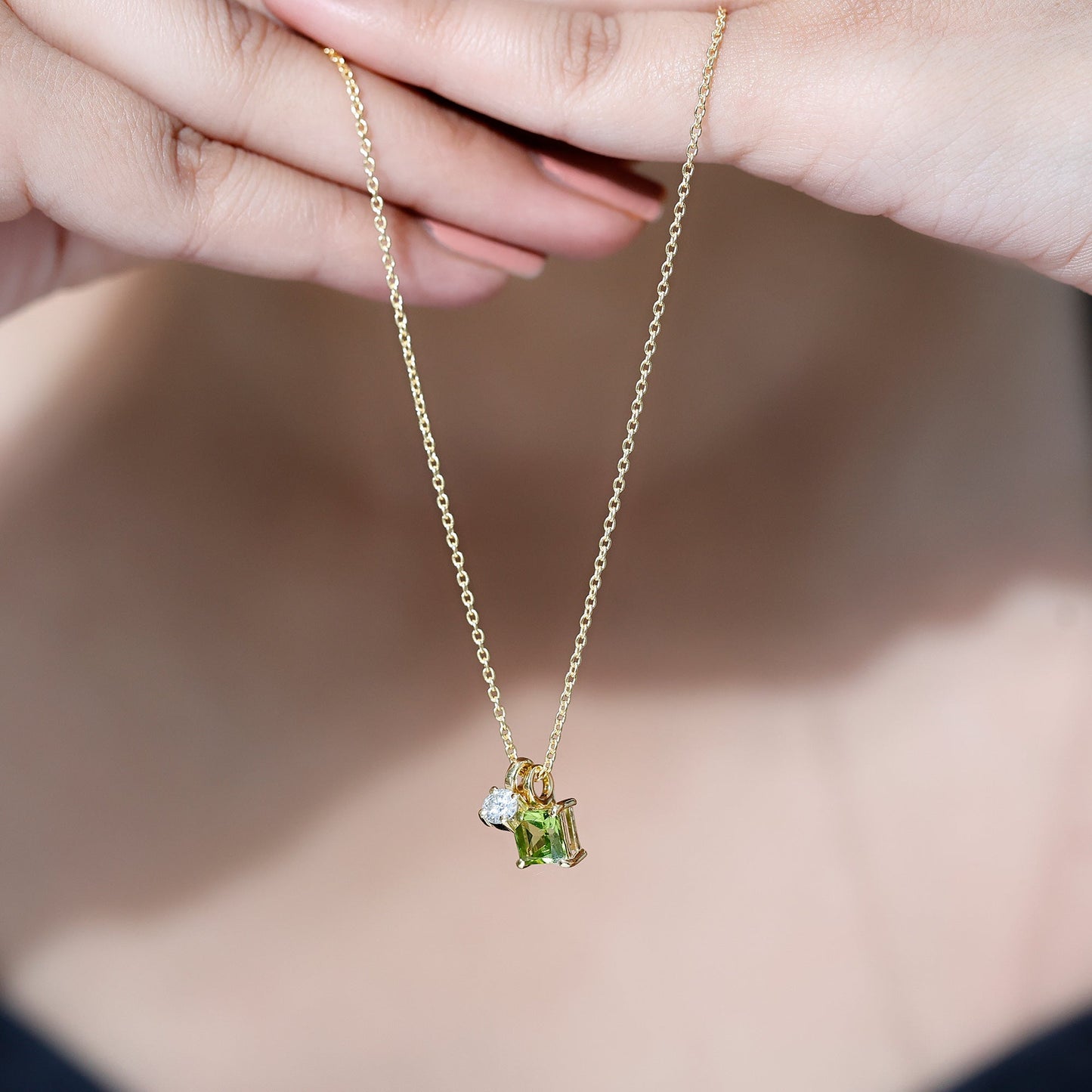 Princess Cut 1 Carat Peridot Pendant Necklace with Silver Chain