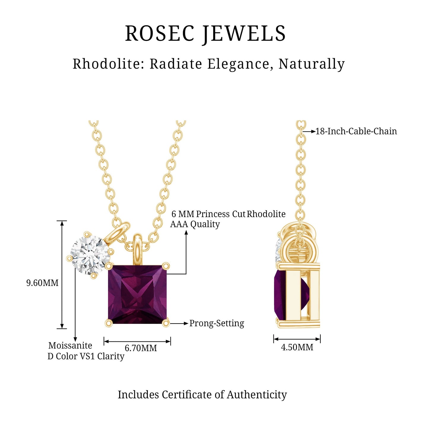 1.4 Carat Princess Cut Rhodolite Garnet Promise Necklace with Moissanite